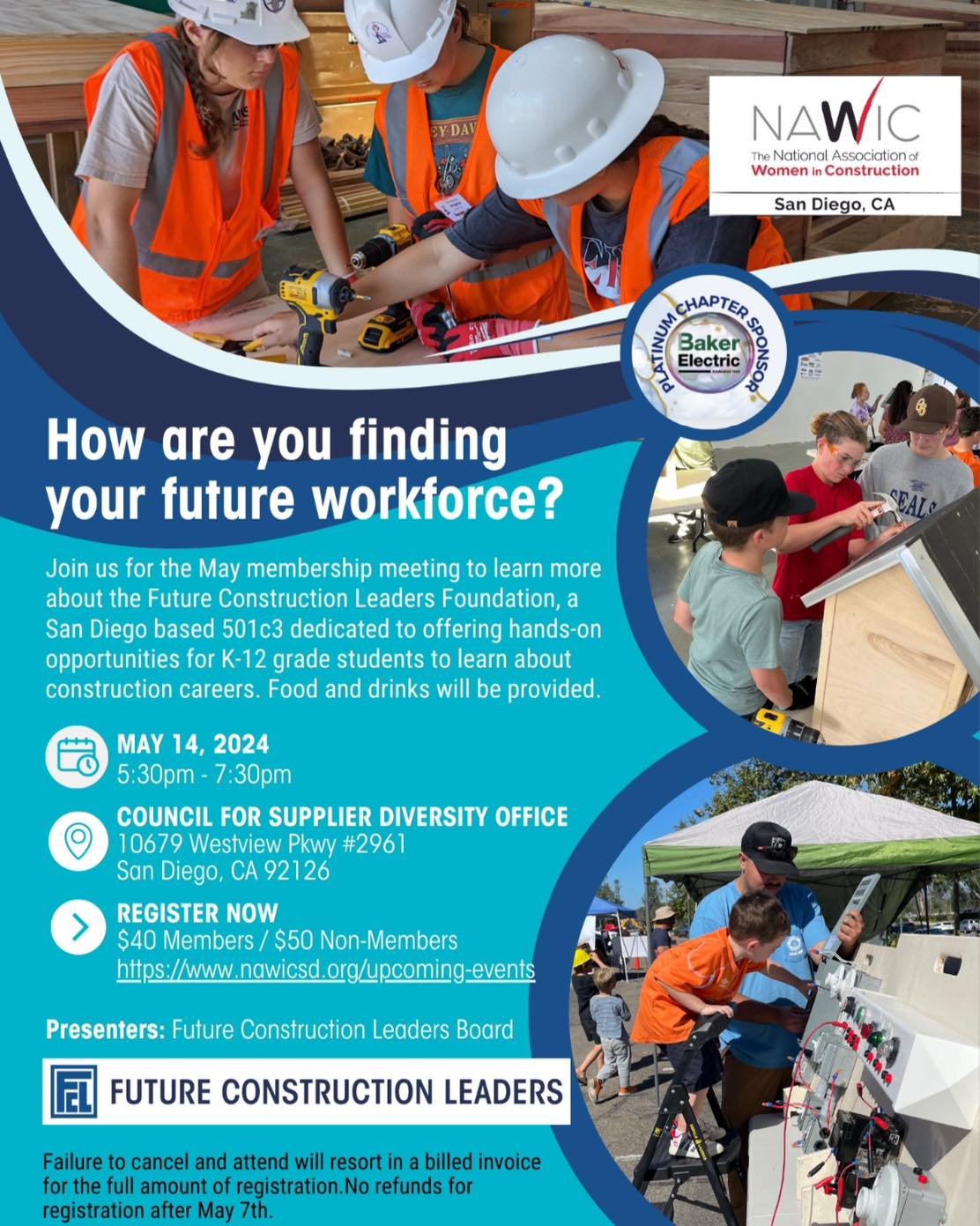 *** Reminder to Register*** 

Please join us on Tuesday, May 1️⃣4️⃣, as we learn about the Future Construction Leaders, a San Diego based 501c3, dedicated to offering hands-on opportunities for K-12 grade students to learn about construction careers.