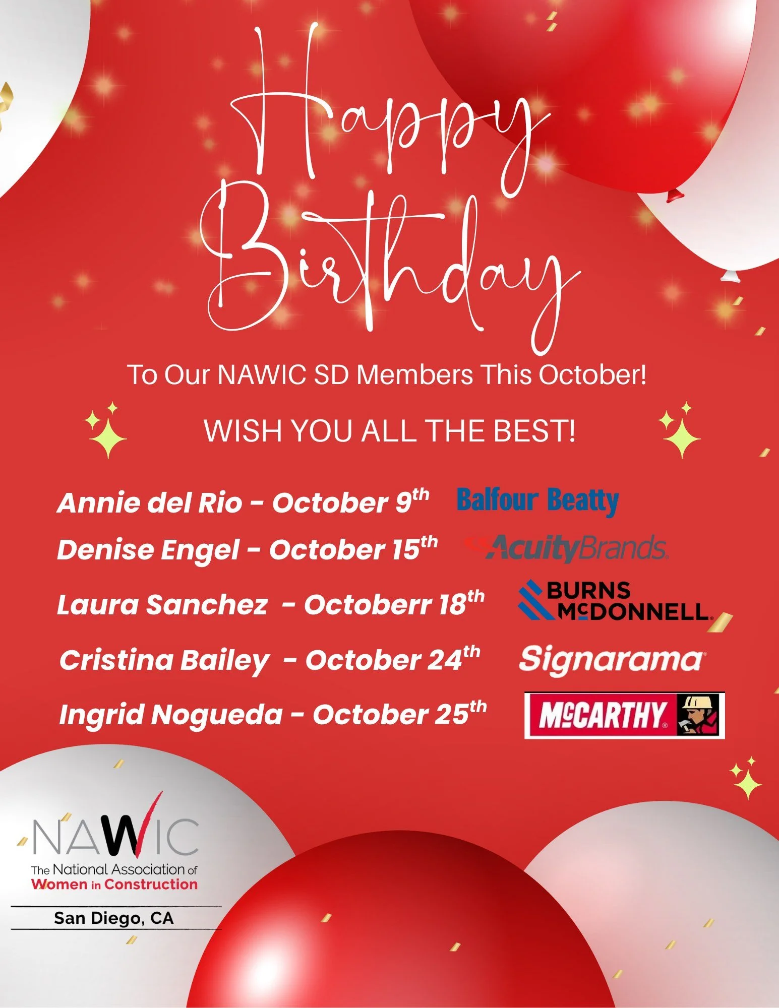Wishing a very Happy Birthday to our NAWIC San Diego members celebrating this October! 🥳 May this year bring you success, joy, and plenty of reasons to celebrate. 💐 #NAWICSanDiego #HappyBirthday