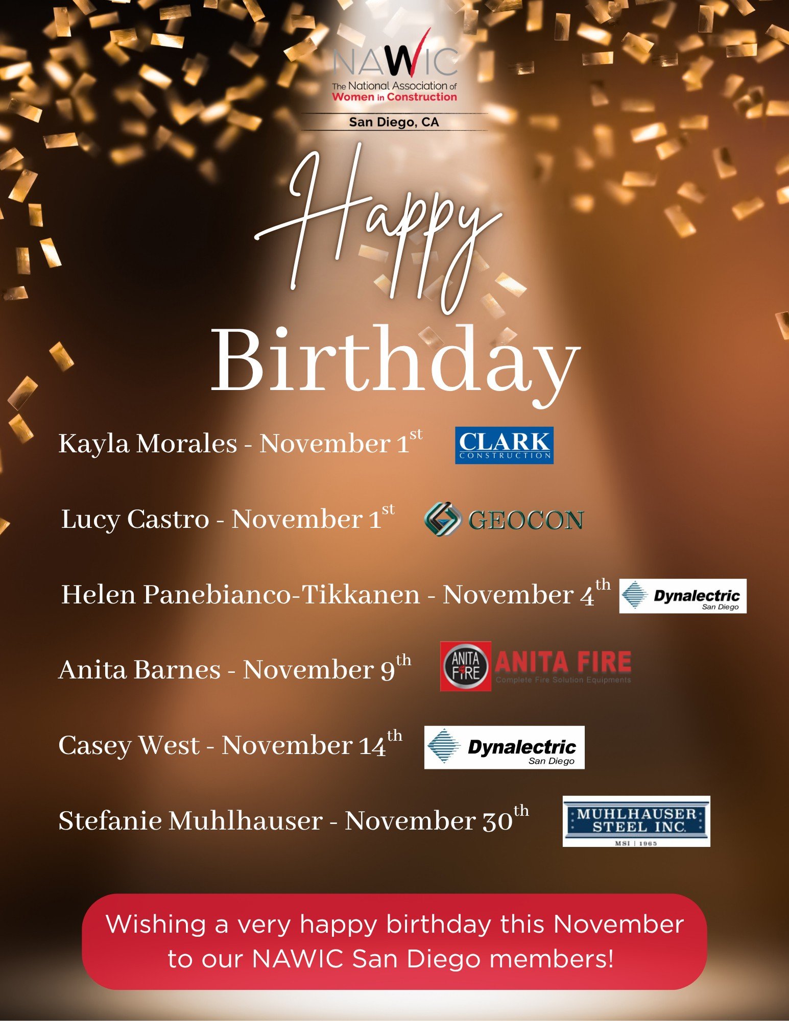 🎂 Happy Birthday to our NAWIC San Diego members celebrating this November! We&rsquo;re wishing each of you a fantastic year ahead filled with success, joy, and celebration. 

We&rsquo;re so grateful to have you as part of our NAWIC San Diego communi