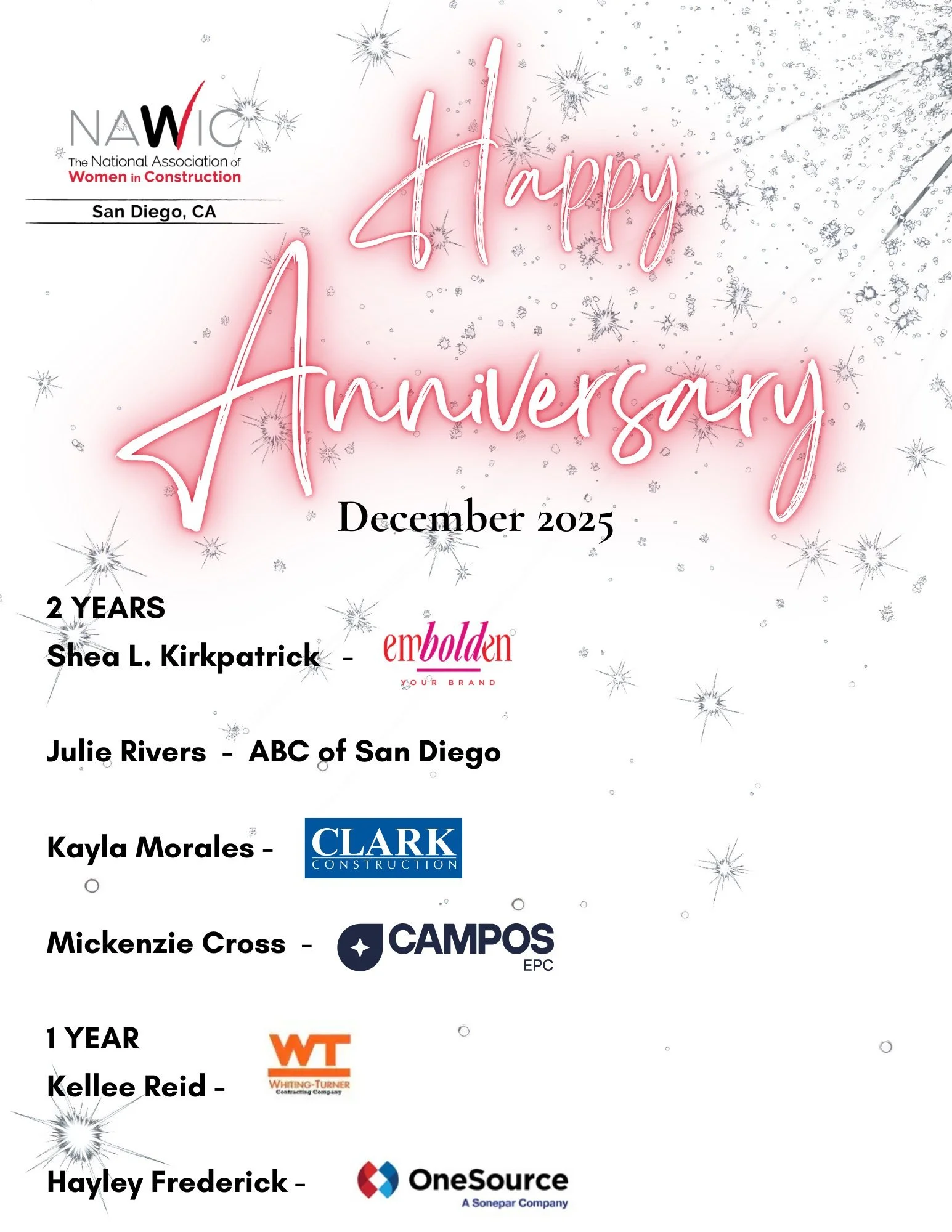Another year stronger! Join us in celebrating our members with December NAWIC anniversaries. Your leadership and support make our chapter thrive. ❤️🙌 

#NAWIC #SanDiego #WomenInConstruction #NAWICSD