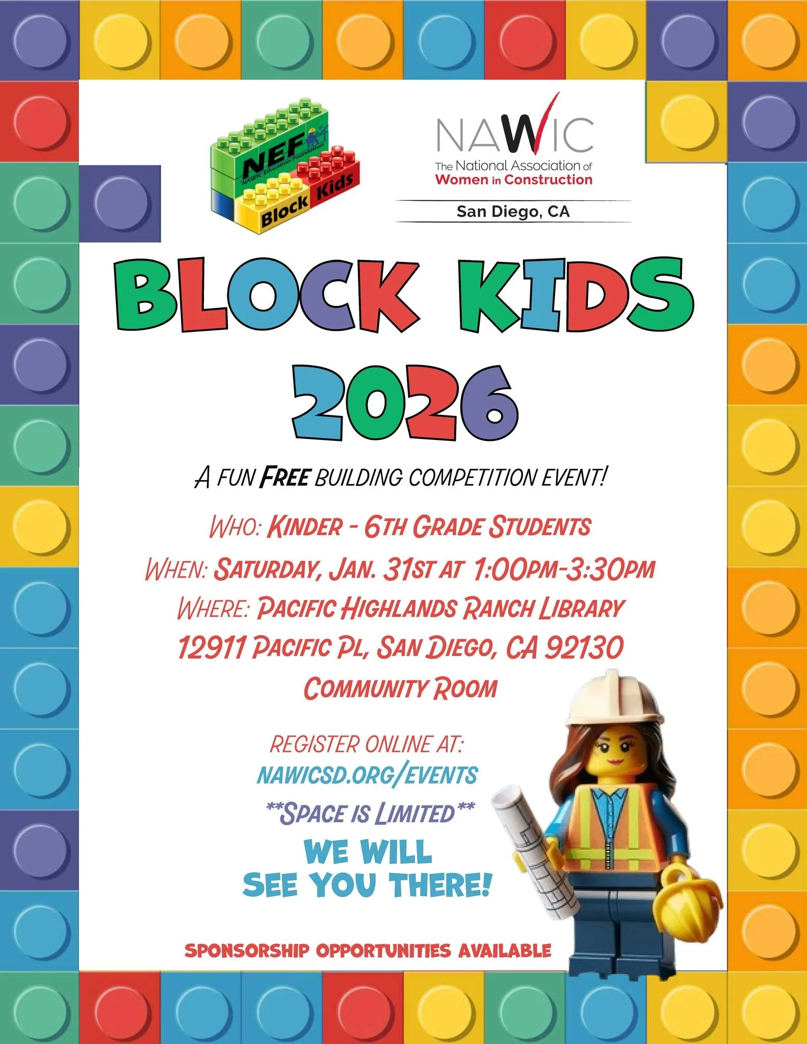 🚧 Block Kids is Back! 🧱

Mark your calendars &mdash; Block Kids 2026 is just around the corner! Join us for another exciting day of hands-on building fun at this construction-based competition for kids.

📅 Date: January 31, 2026
📍 Location: Pacif