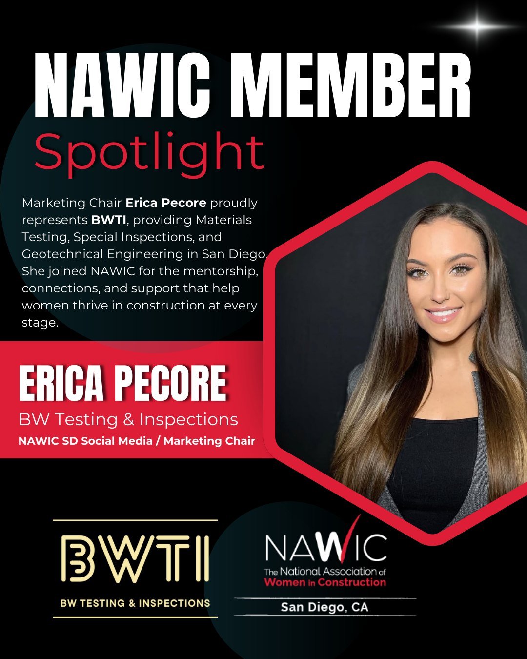 ✨ NAWIC San Diego Member Spotlight: Erica Pecore ✨

As NAWIC San Diego's Marketing Chair, Erica Pecore proudly represents BW Testing &amp; Inspections (BWTI), a San Diego&ndash;based firm specializing in Materials Testing, Special Inspections, and Ge