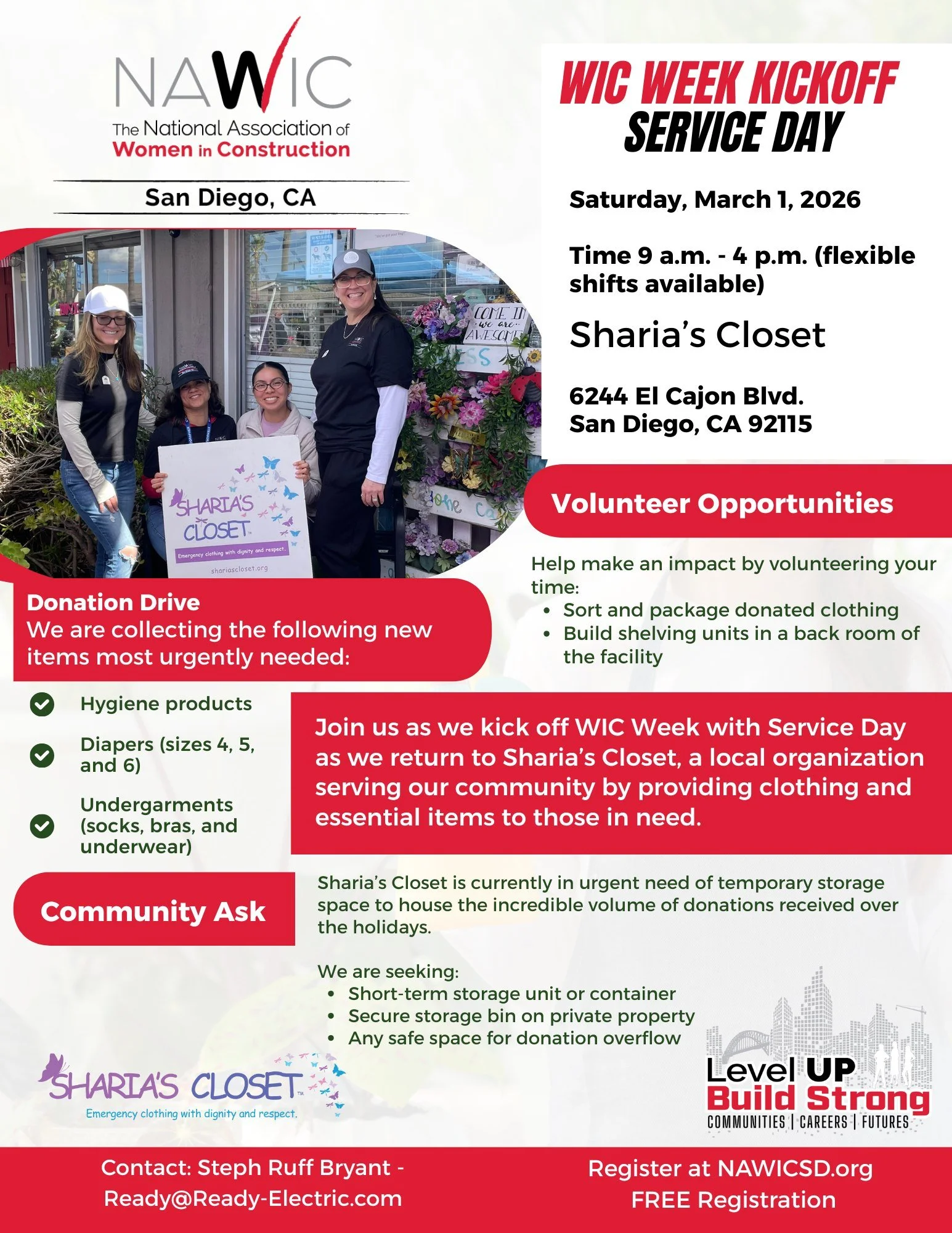 🤍 WIC Week Kickoff: Service Day 🤍

Join NAWIC San Diego as we kick off WIC Week by giving back to our community at Sharia&rsquo;s Closet&mdash;a local organization providing clothing and essential items to those in need.

📅 Saturday, March 1, 2026