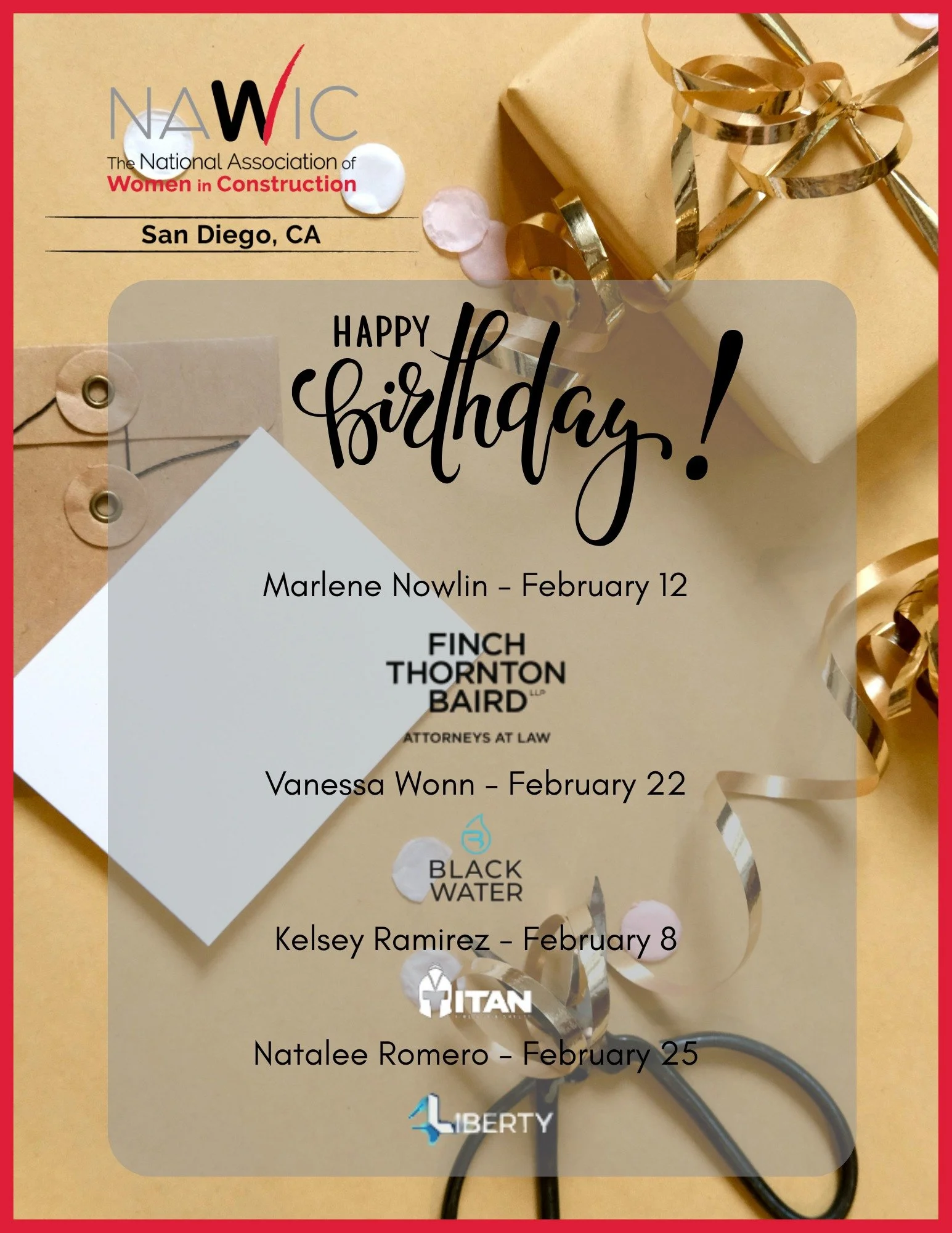 🎉 Happy Birthday to our NAWIC San Diego Members this February! 🎉

We&rsquo;re sending big birthday wishes to all our incredible members celebrating this month. Thank you for being such an important part of our NAWIC community. We hope your year ahe