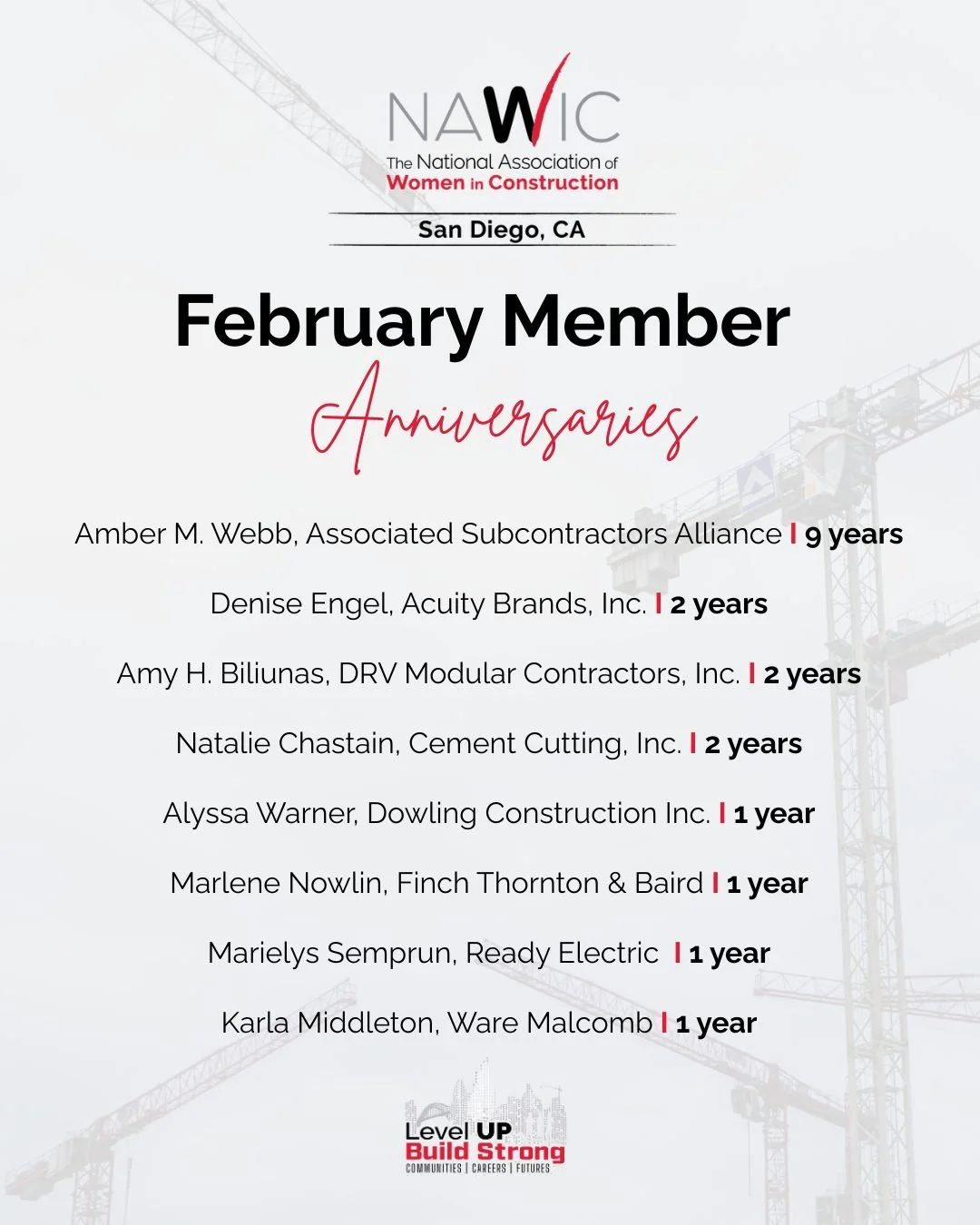 We&rsquo;re proud to recognize our members celebrating anniversaries this month! Thank you for your continued commitment, leadership, and dedication to NAWIC San Diego. Your involvement helps strengthen our community and inspire the future of women i