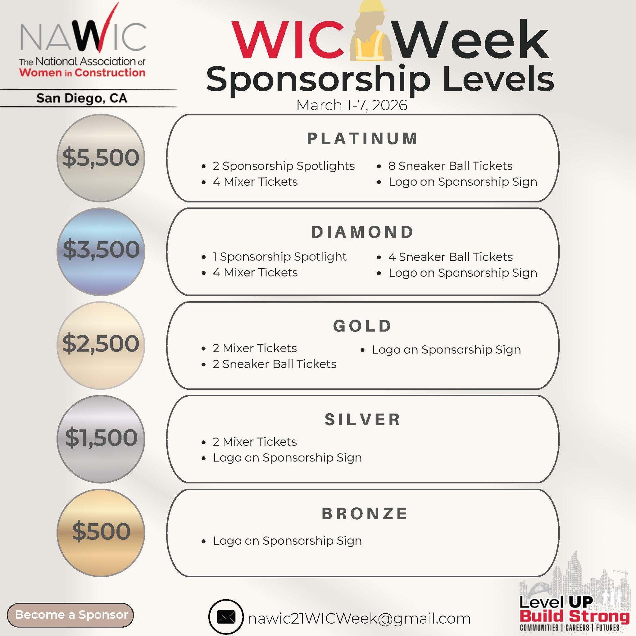 ⏳ Final Call for Sponsors! ⏳

This is the last week to register as a sponsor for WIC Week 2026 with NAWIC San Diego! Don&rsquo;t miss your opportunity to support and celebrate women in construction while gaining valuable visibility for your company.
