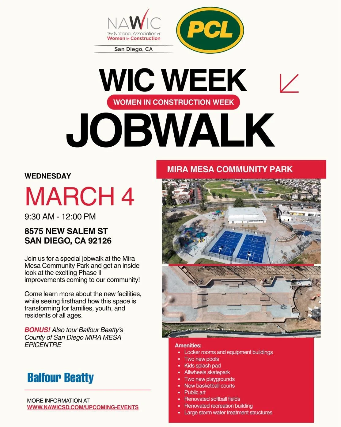 We&rsquo;re stepping onto the jobsite for Women in Construction Week 👷&zwj;♀️✨
 
Join us for our WIC Week Jobwalk at the Mira Mesa Recreation Center and get an inside look at the exciting Phase II improvements by PCL Construction, happening in our c