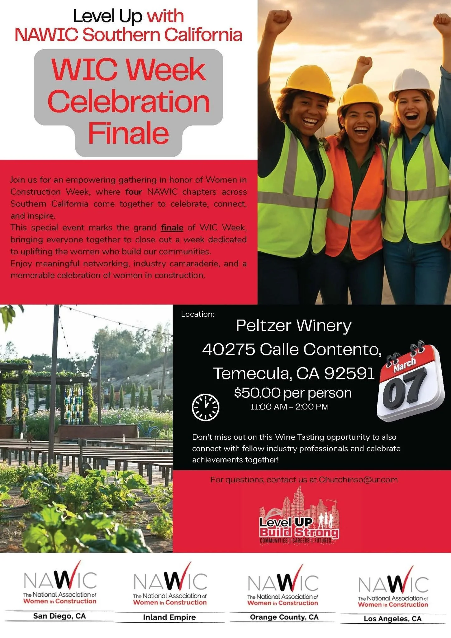 WIC Week: Celebration Finale &ndash; Wine Tasting 🍷🎉

Wrap up WIC Week in style! Join us for a beautiful afternoon of wine tasting, connection, and celebration as we toast to Women in Construction.

📅 March 7, 2026
⏰ 11:00 AM &ndash; 2:00 PM
📍 Pe