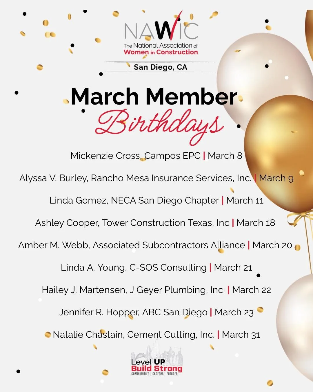 Happy Birthday to our amazing NAWIC San Diego members celebrating this March! Wishing you a year filled with success, joy, and new milestones.🎈 🎂

#NAWICSanDiego #MarchBirthdays #SanDiegoConstruction #NAWIC