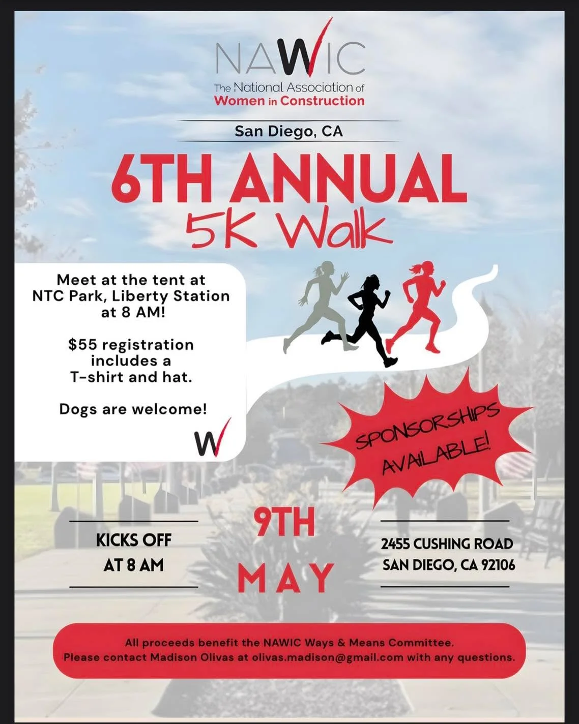 🏃&zwj;♀️✨ Lace up and join us for a great cause! ✨🏃&zwj;♀️

NAWIC San Diego Chapter 21  is excited to host our 6th Annual 5K Walk! Whether you walk, jog, or cheer from the sidelines, this is a perfect way to connect with our community and support a