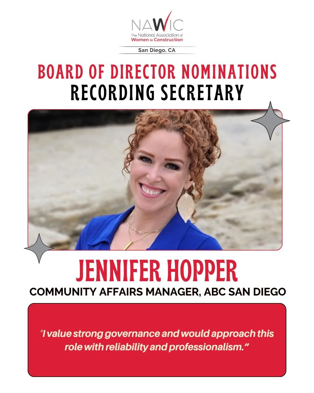 Please join us in recognizing, Jennifer Hopper, Community Affairs Manager at ABC San Diego, as a nominee for the NAWIC San Diego 2026-2027 Recording Secretary position!

Jennifer brings over 30 years of public affairs experience and has spent the las