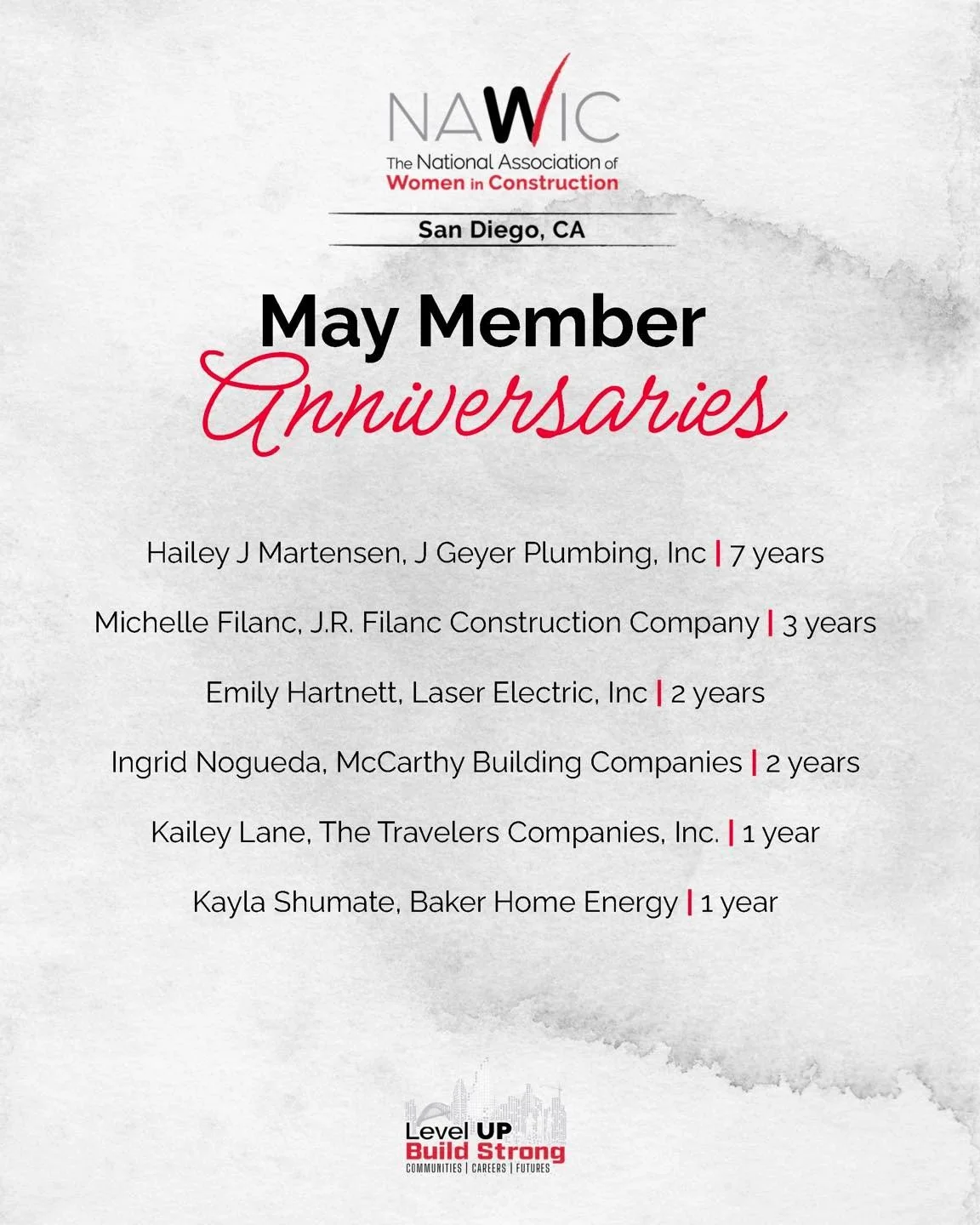Celebrating the incredible women who continue to make an impact in our industry and our NAWIC San Diego community.

Congratulations to our May Member Anniversaries. Your dedication, leadership, and commitment to construction continue to inspire and s