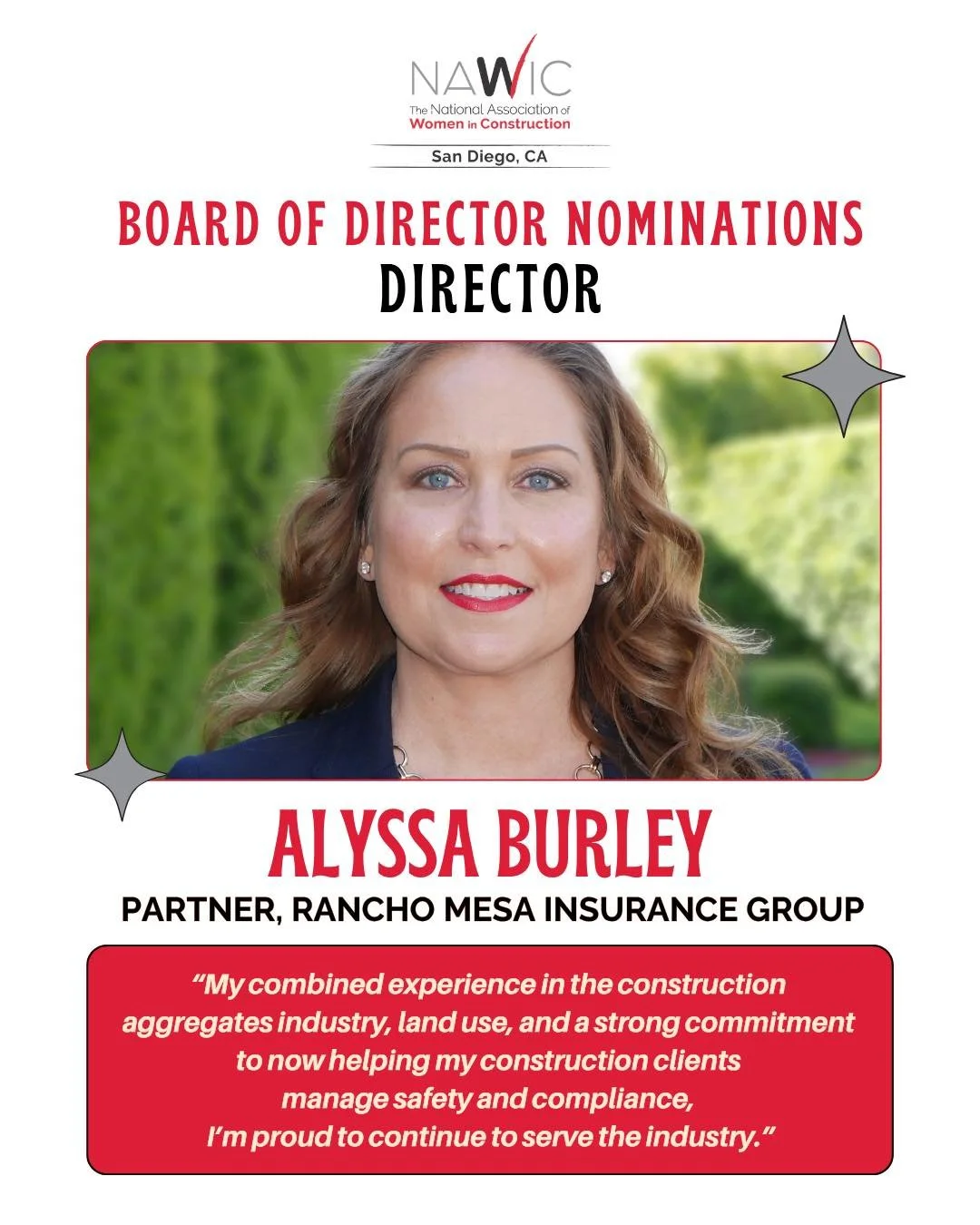 Please help us congratulate Alyssa Burley, MA, CIT, RMSS, Partner at Rancho Mesa Insurance Services, Inc., on her nomination for the NAWIC San Diego 2026-2027 Board of Directors position!

Alyssa has been part of the construction industry for 13 year