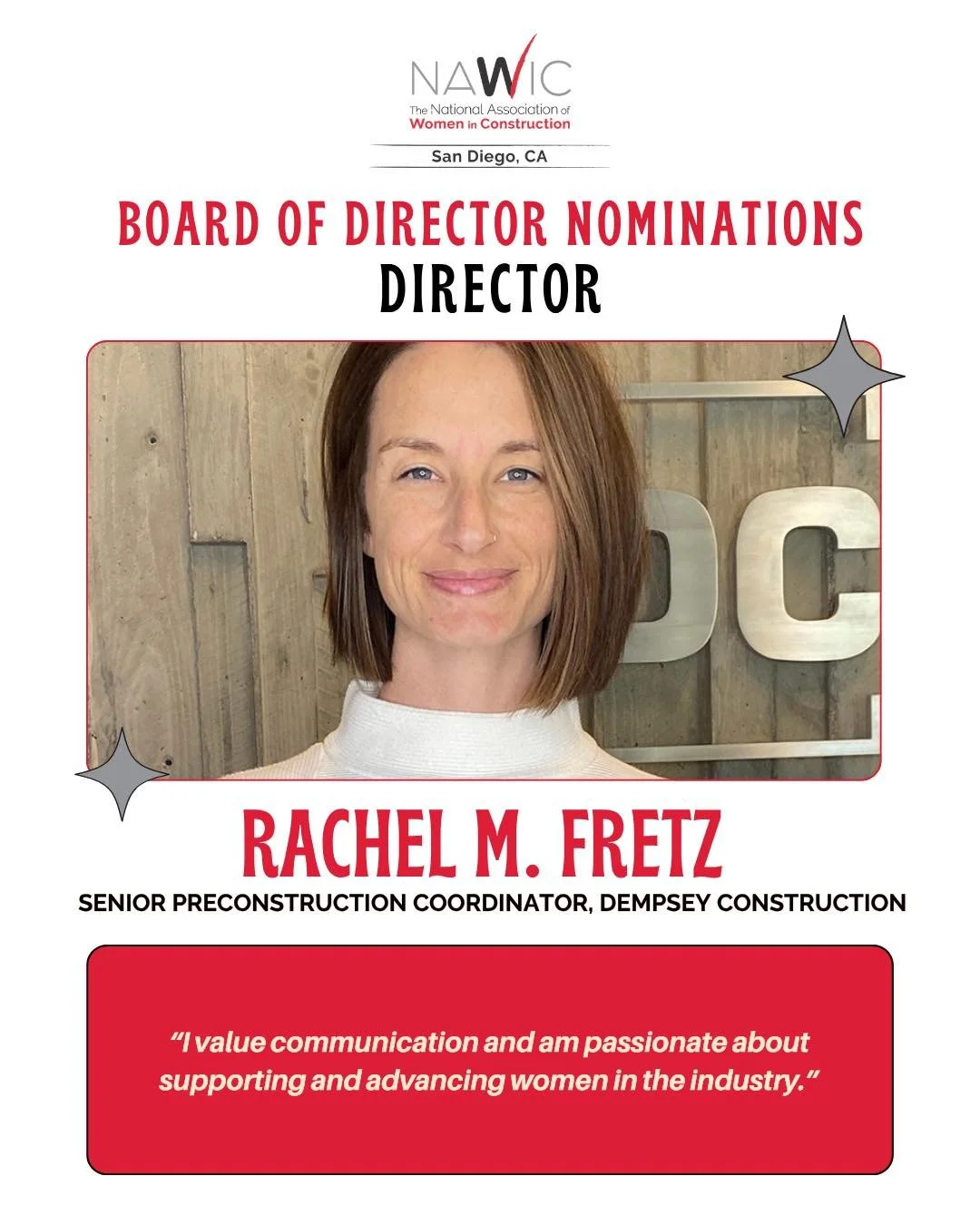 Please help us congratulate Rachel Fretz on her nomination for the NAWIC San Diego 2026-2027 Board of Directors!

Rachel is a Senior Preconstruction Coordinator at Dempsey Construction, Inc. with over 10 years of experience in the construction indust