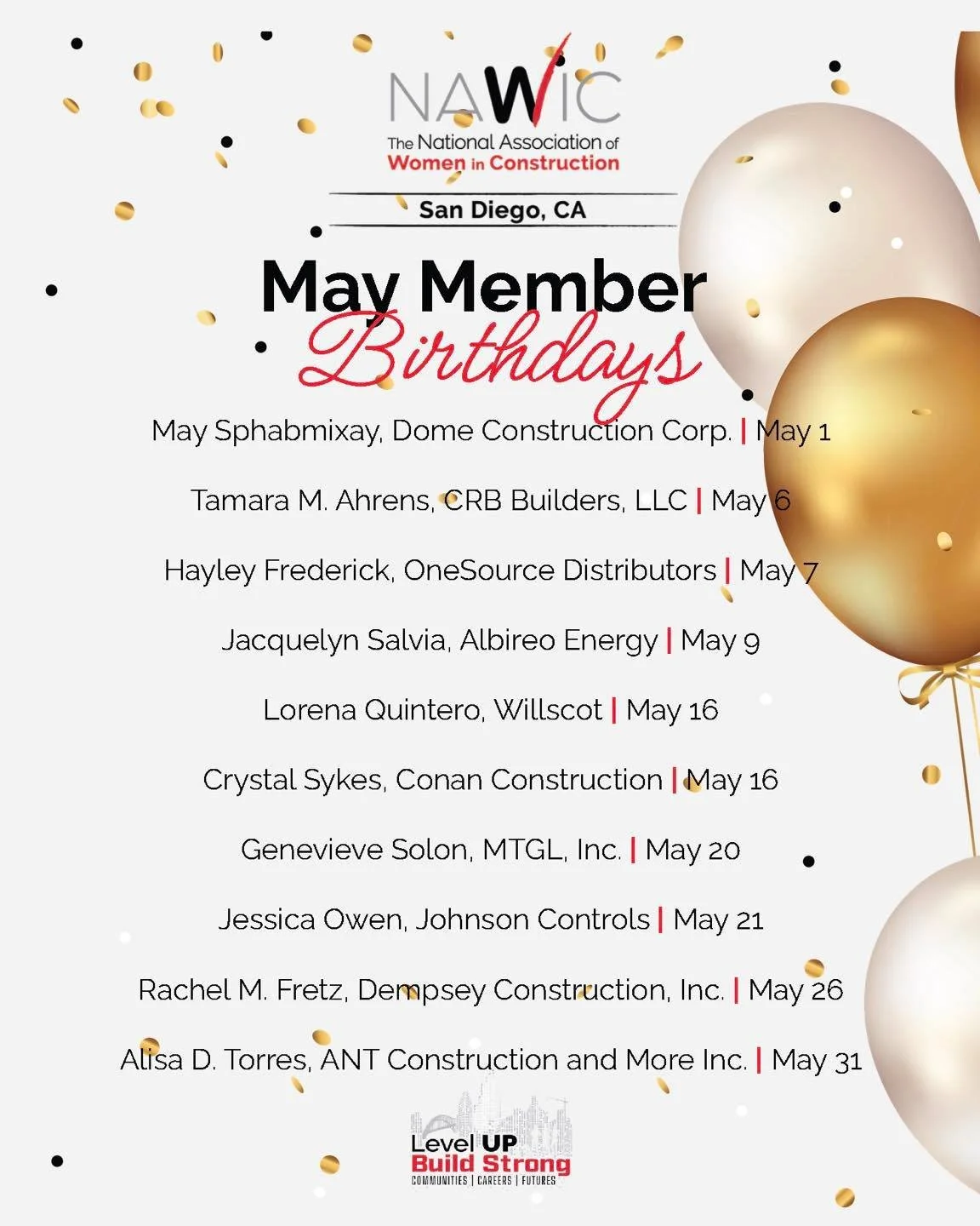Help us celebrate our NAWIC San Diego members with May birthdays. 🎉

Wishing a very happy birthday to the incredible women who continue to lead, build, and make an impact throughout our industry. Your dedication, professionalism, and support help st