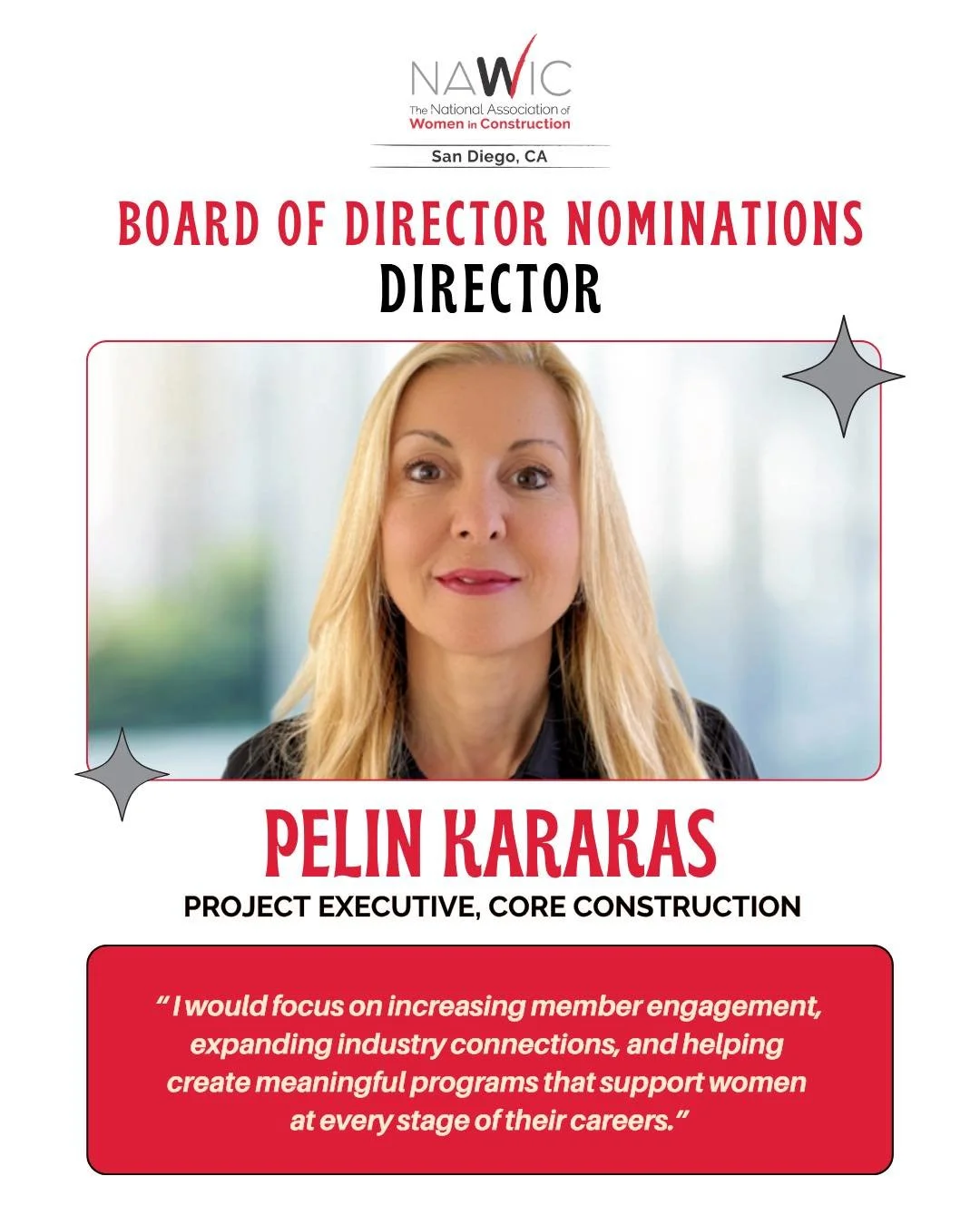 Please help us congratulate Pelin Karakas on her nomination for the NAWIC San Diego 2026-2027 Board of Directors! 

Pelin is a Project Executive at CORE Construction with an impressive 30 years of experience in the construction industry. Although she