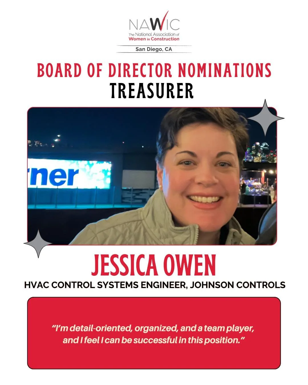 Please help us congratulate Jessica Owen on her nomination for the NAWIC San Diego 2026-2027 Board of Directors as Treasurer! 

Jessica is an HVAC Controls Systems Engineer at Johnson Controls with 19 years of experience in the construction industry 