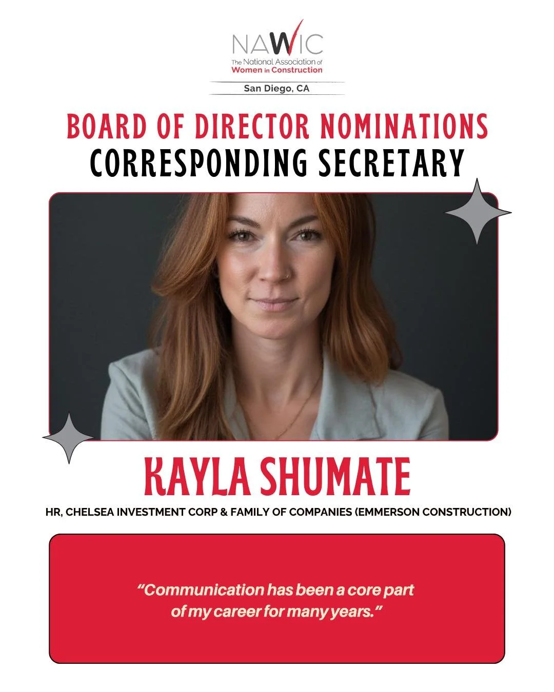 Please help us congratulate Kayla Shumate - SHRM SCP on her nomination for the NAWIC San Diego 2026-2027 Board of Directors! 

Kayla is an HR professional with Chelsea Investment Corporation &amp; Family of Companies (Emmerson Construction) and has b