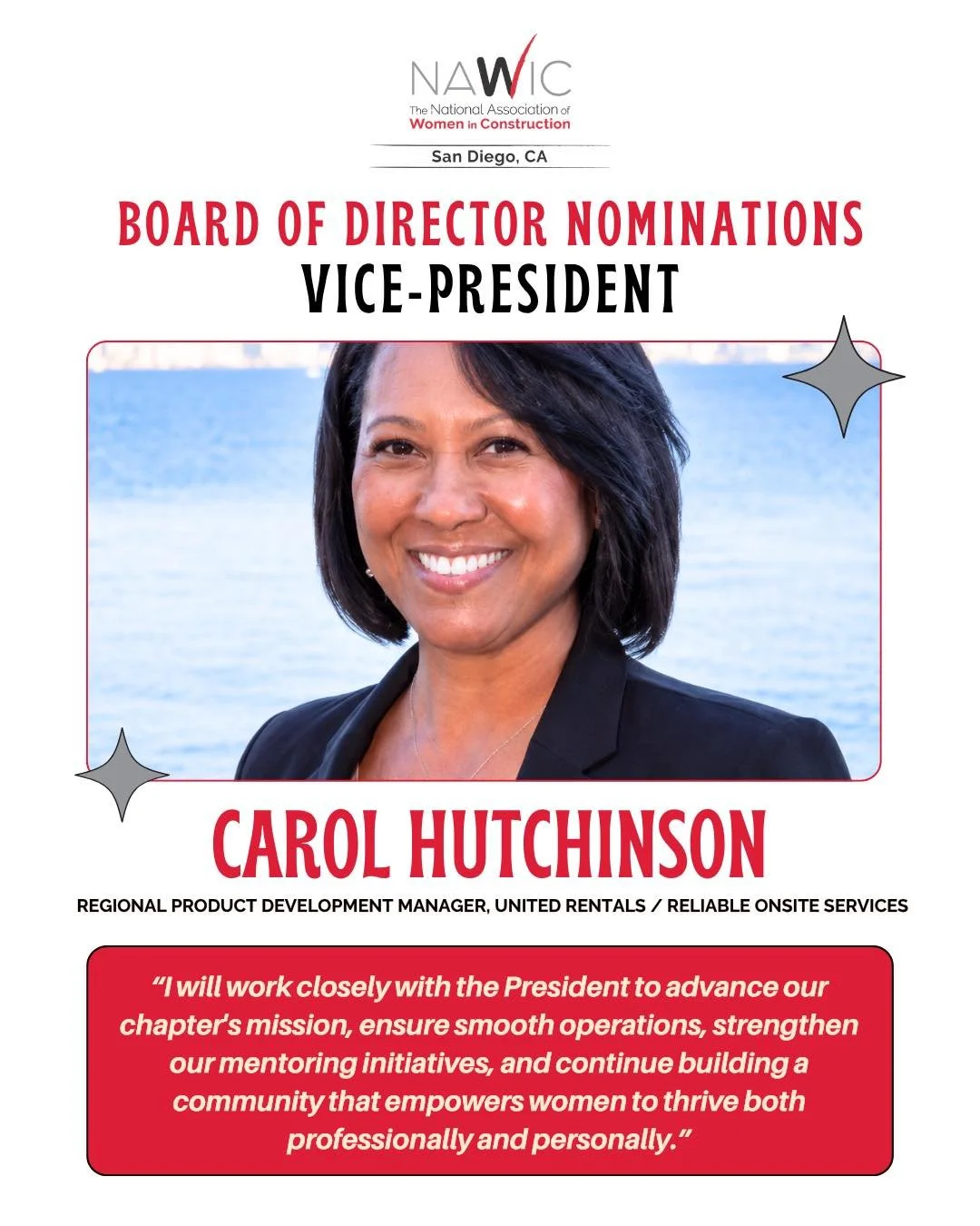 Please join us in recognizing Carol Hutchinson, Regional Product Development Manager at United Rentals / Reliable Onsite Services, as a candidate for our upcoming 2026-2027 Board of Directors election as Vice President.

With more than 25 years in th