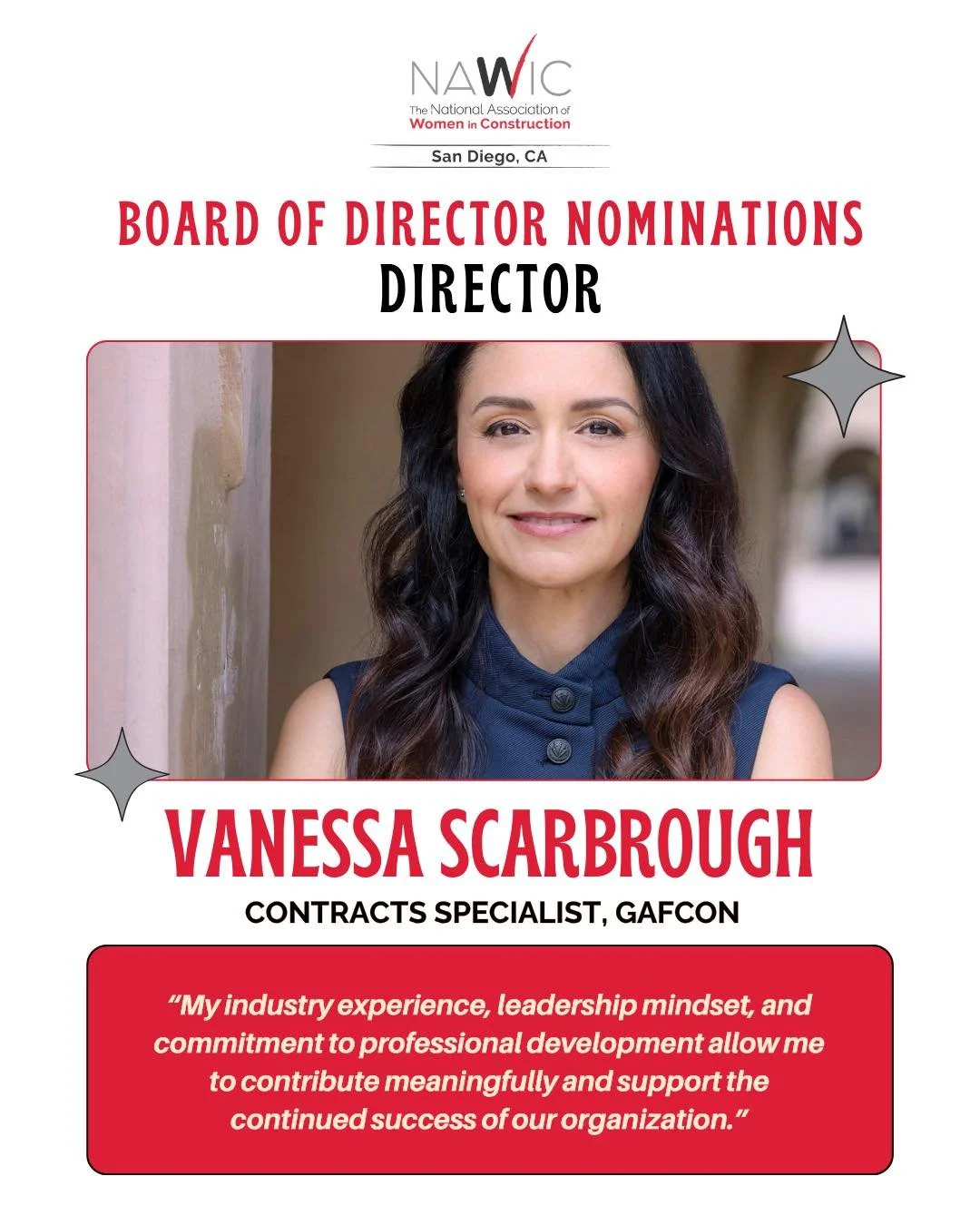 Please join us in recognizing Vanessa Scarbrough, Contracts Specialist at Gafcon PM-CM LLC, as a candidate for the NAWIC San Diego 2026-2027 Board of Directors as Director!

With 16 years of experience in the construction industry, Vanessa brings a s