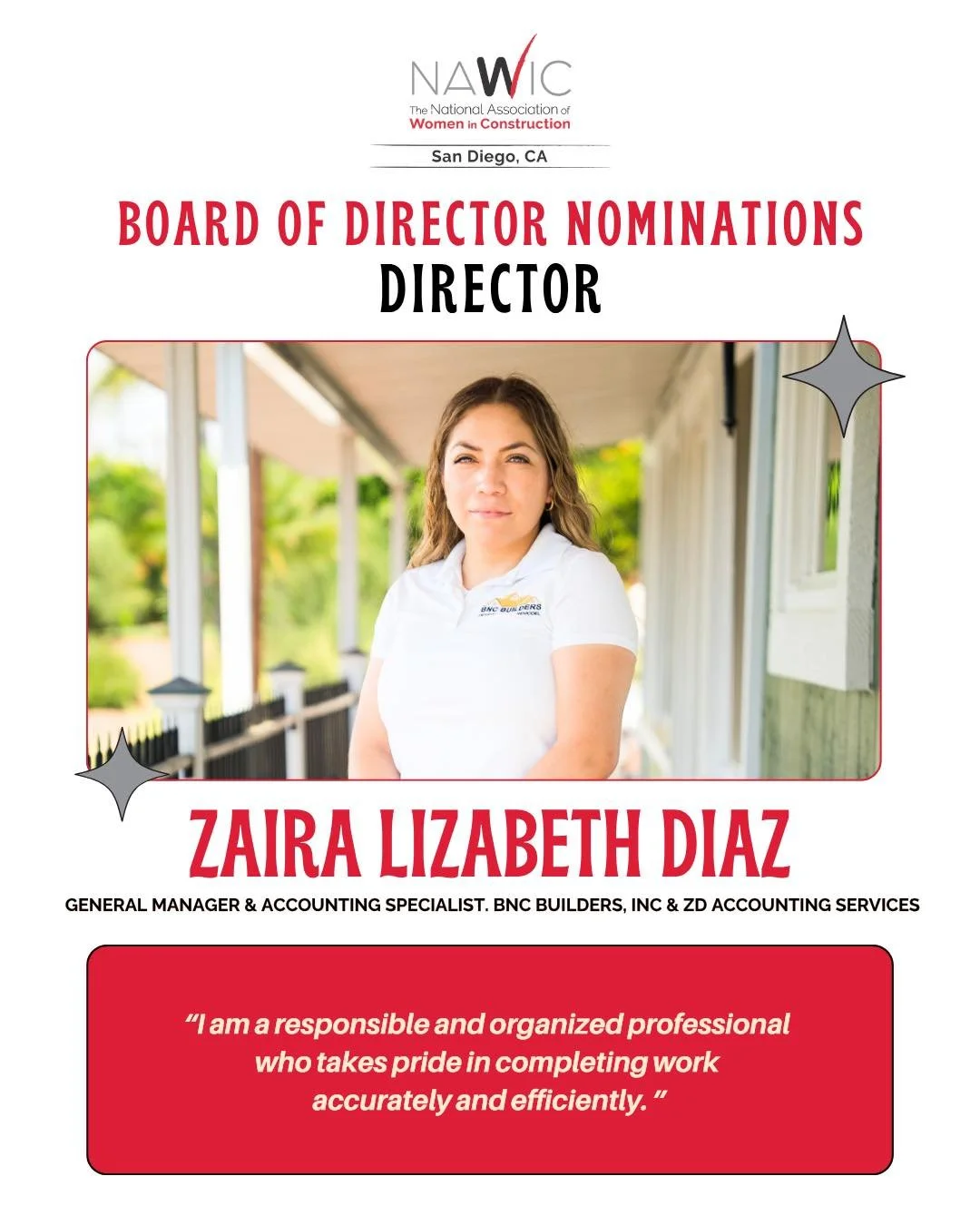 Please help us congratulate Zaira Diaz, General Manager at BNC Builders Inc and Accounting Specialist at ZD Accounting Services, on her nomination for the NAWIC San Diego 2026-2027 Board of Directors as a Director! 

With seven years of experience in