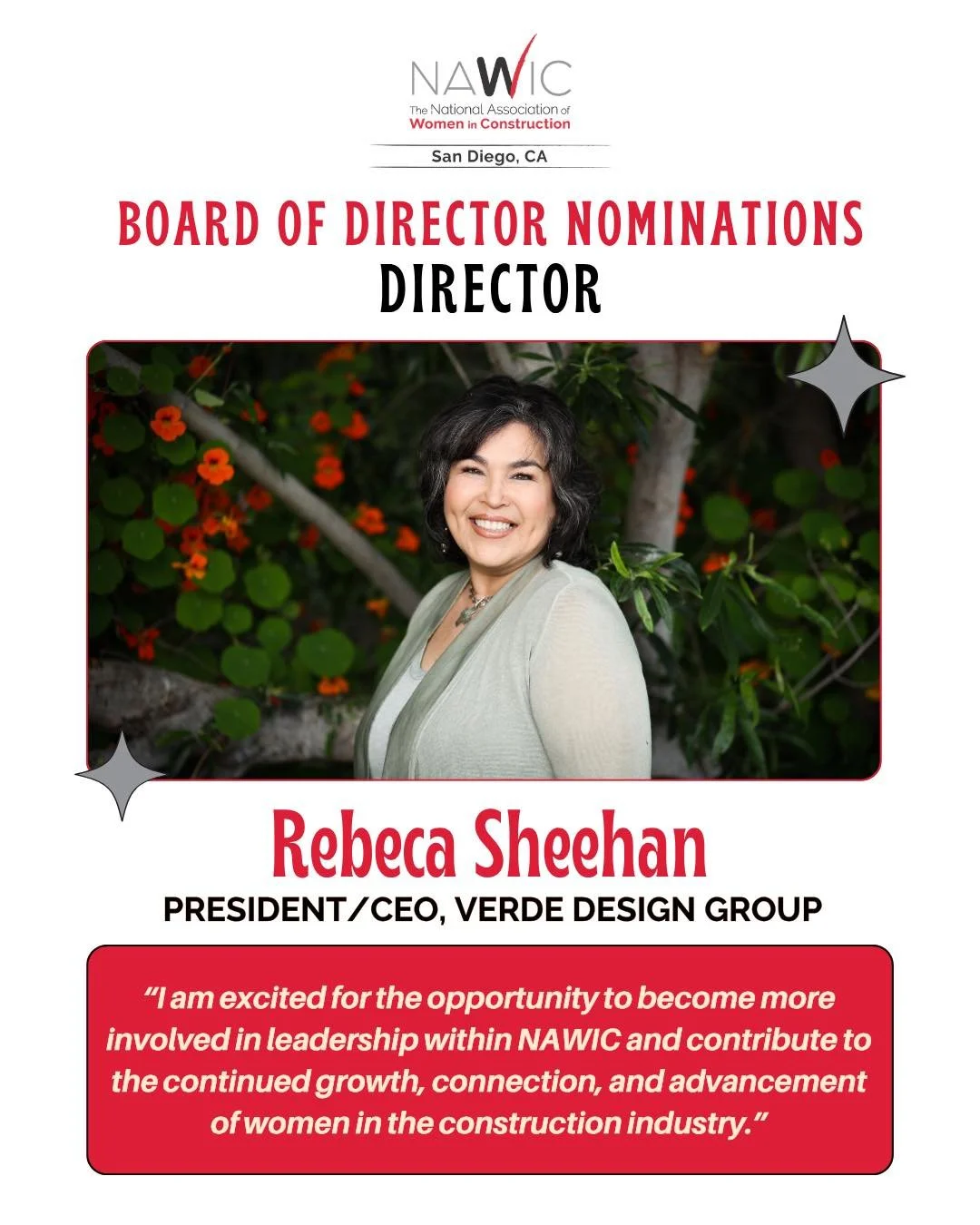 Please join us in recognizing, Rebeca Sheehan, Founder/CEO and Business Development lead for Verde Design Group Landscape Architects Inc., a certified Women Business Enterprise (WBE) firm based in Southern California. as a nominee for the NAWIC San D