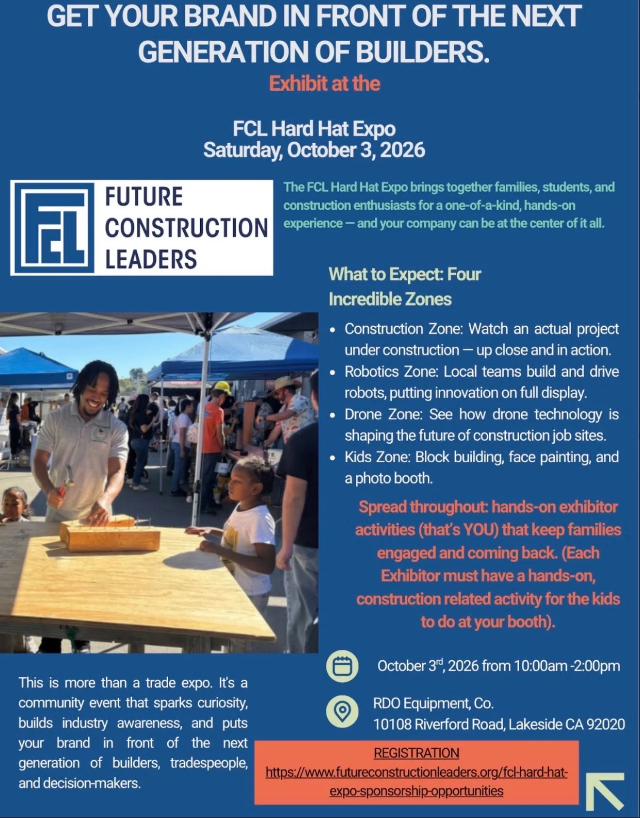 NAWIC San Diego Chapter 21 is proud to support Future Construction Leaders and help spread the word about the upcoming FCL Hard Hat Expo!

📅 Saturday, October 3

⏰ 10:00 a.m.&ndash;2:00 p.m.

📍 RDO Equipment Co.

10108 Riverford Road, Lakeside, CA 