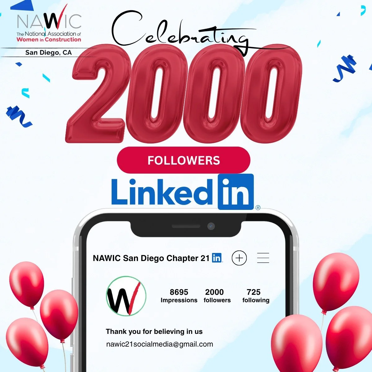 🎉 𝗪𝗘 𝗛𝗜𝗧 𝟮,𝟬𝟬𝟬 𝗙𝗢𝗟𝗟𝗢𝗪𝗘𝗥𝗦! 🎉

What an exciting milestone for NAWIC San Diego Chapter #21! 💙

Reaching 2,000 followers on LinkedIn is more than just a number&mdash;it represents a growing community of members, supporters, partners,