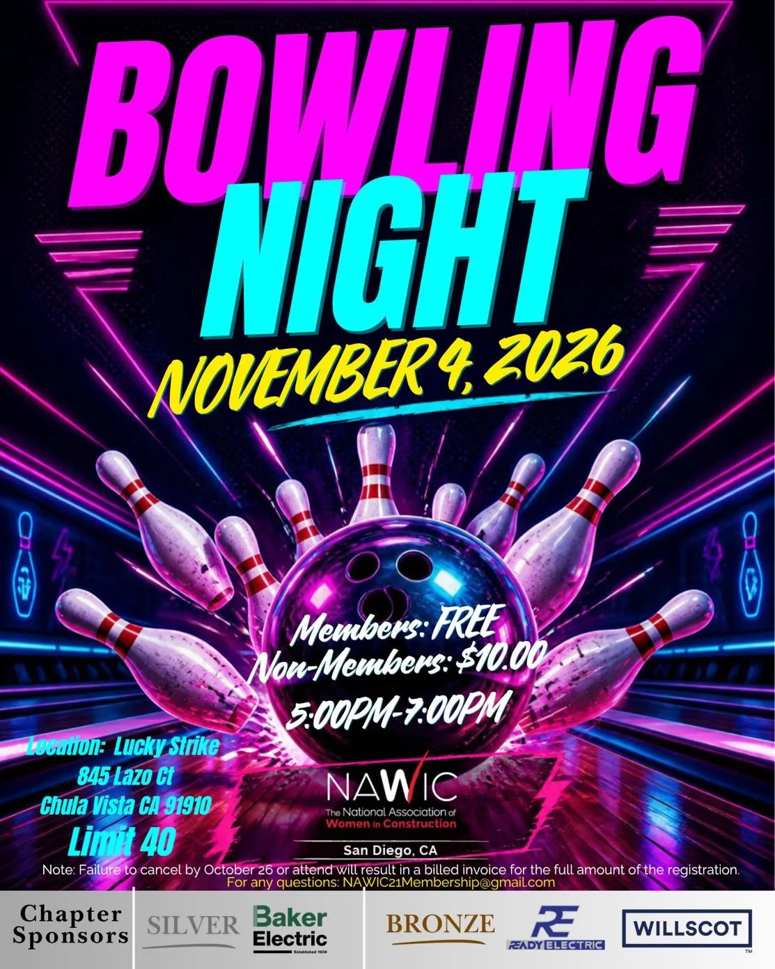 🎳 LET'S ROLL, SAN DIEGO! 🎳

Get ready to strike up some fun and connections at our NAWIC Bowling Night!

Join us for an evening of friendly competition, networking, and laughter with fellow women and supporters in the construction industry. Whether