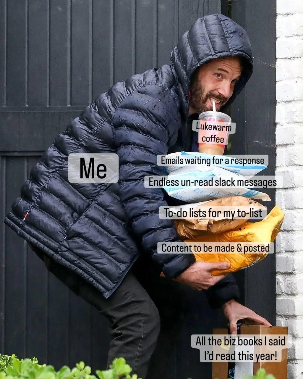 🤦🏼&zwj;♀️ Don&rsquo;t fall down the rabbit hole of Ben Affleck and Dunkin images like I did last night! 

But also, this is your Friday reminder to not like too much onto your plate! (Or carry too much in your arms!) 

As entrepreneurs we feel the 