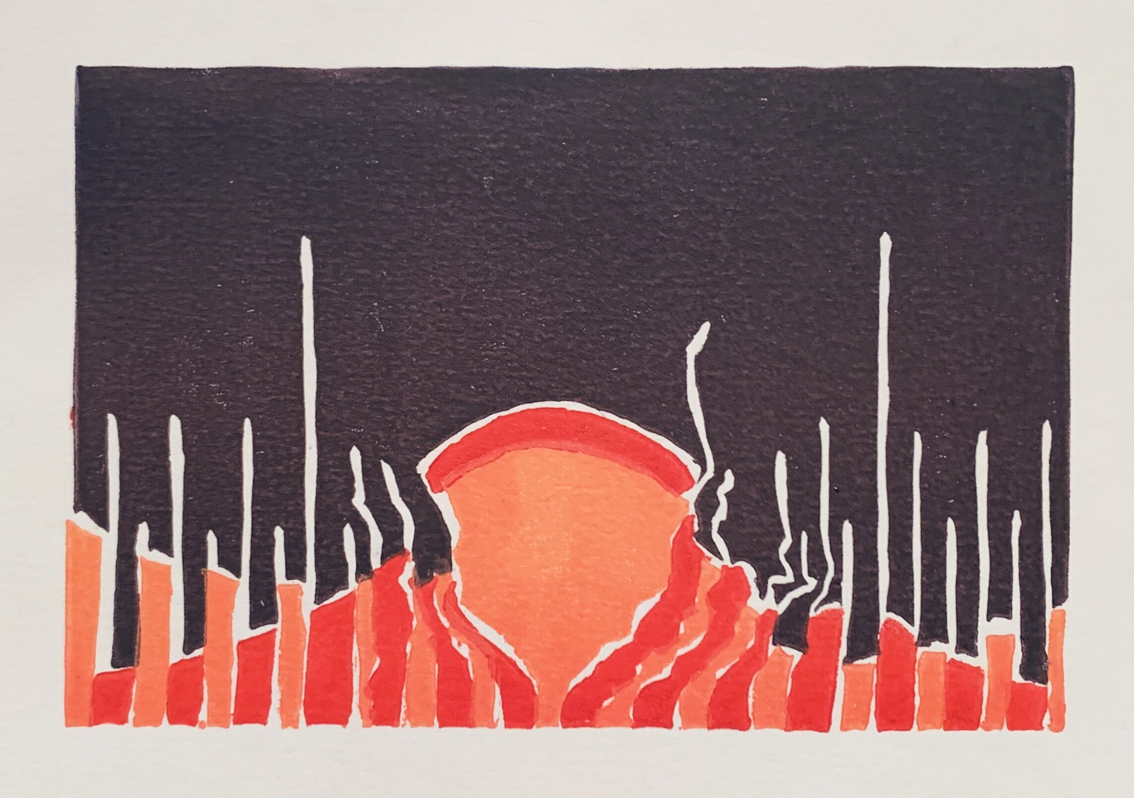 "Untitled" - (8” x 5”, Ink print) - This piece was my first attempt at a multicolor linoleum print. The design is more experimental than anything, but is meant to represent how though I have always been able to process the world most effectively thro
