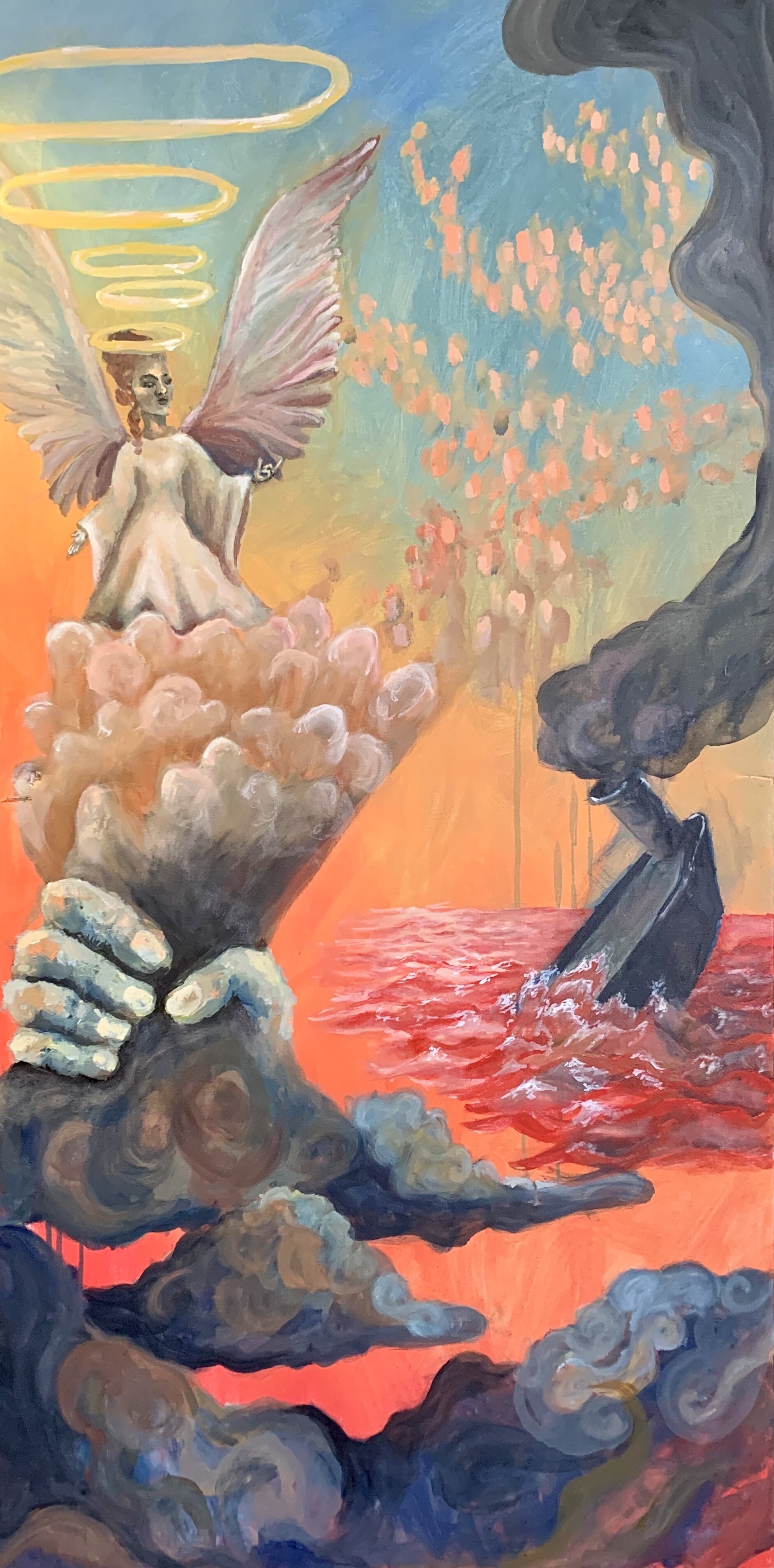 "Cacophony" - (24” x 48”, Oil on canvas) - Presented in this piece is my vision of a transition to a liberated world. I picture this transition to be tumultuous and somewhat violent. The sinking of the ship and the harsh gaze of the angel represent t