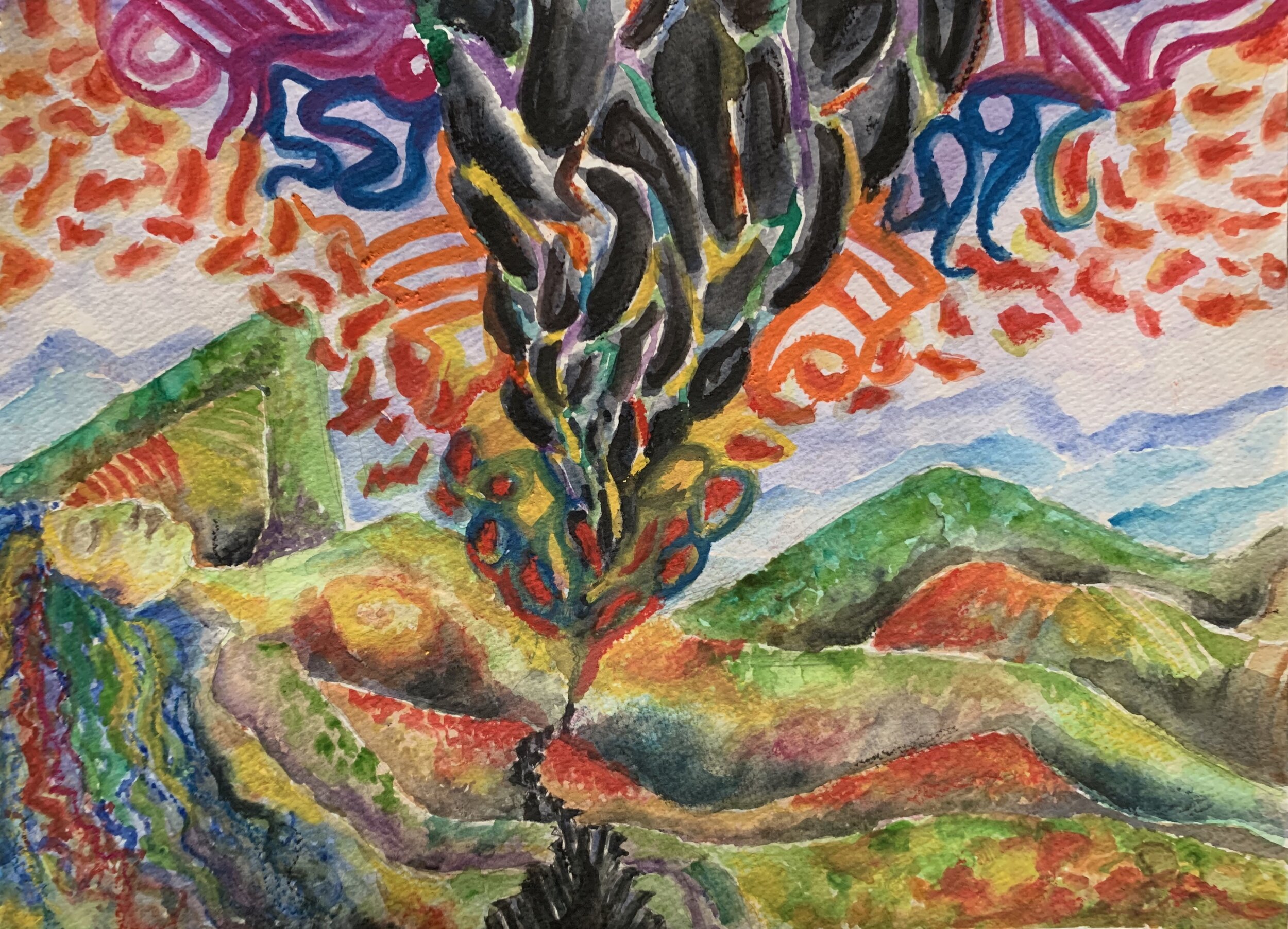 "Climate Grief" - (15” x 11”, Watercolor and pigment sticks) - Similar to Over the Hills, I find myself toying with the human connection to the natural world. When reflecting on what climate grief means to me personally, I feel loss in the idea that