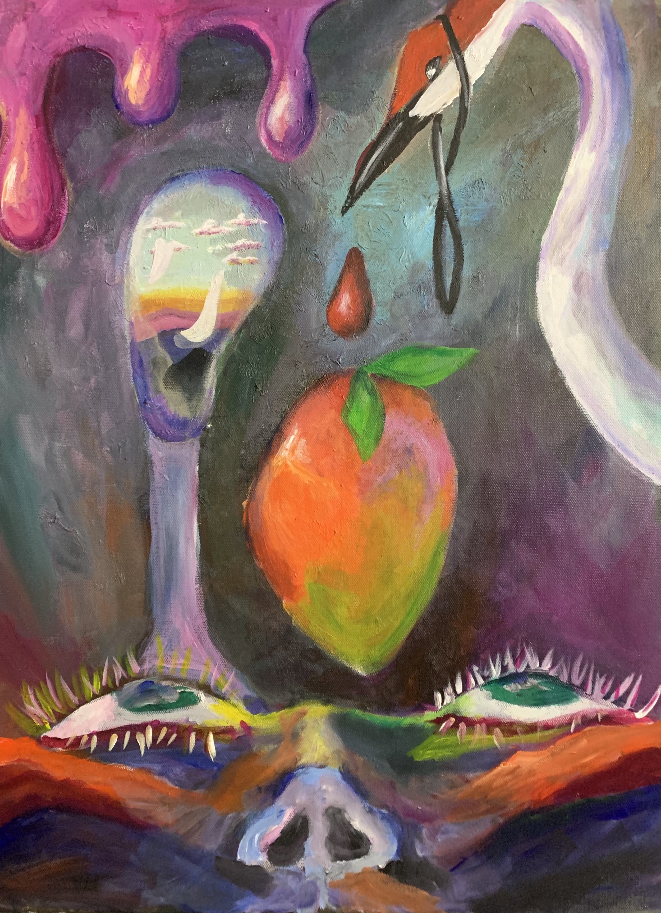 "Over the Hills" - (18” x 24”, Acrylic on canvas) - This piece is a visual representation of my eco-anxiety. I will preface this statement with the fact that this piece was not at all planned and much more of an instinctual process, meant to be proce