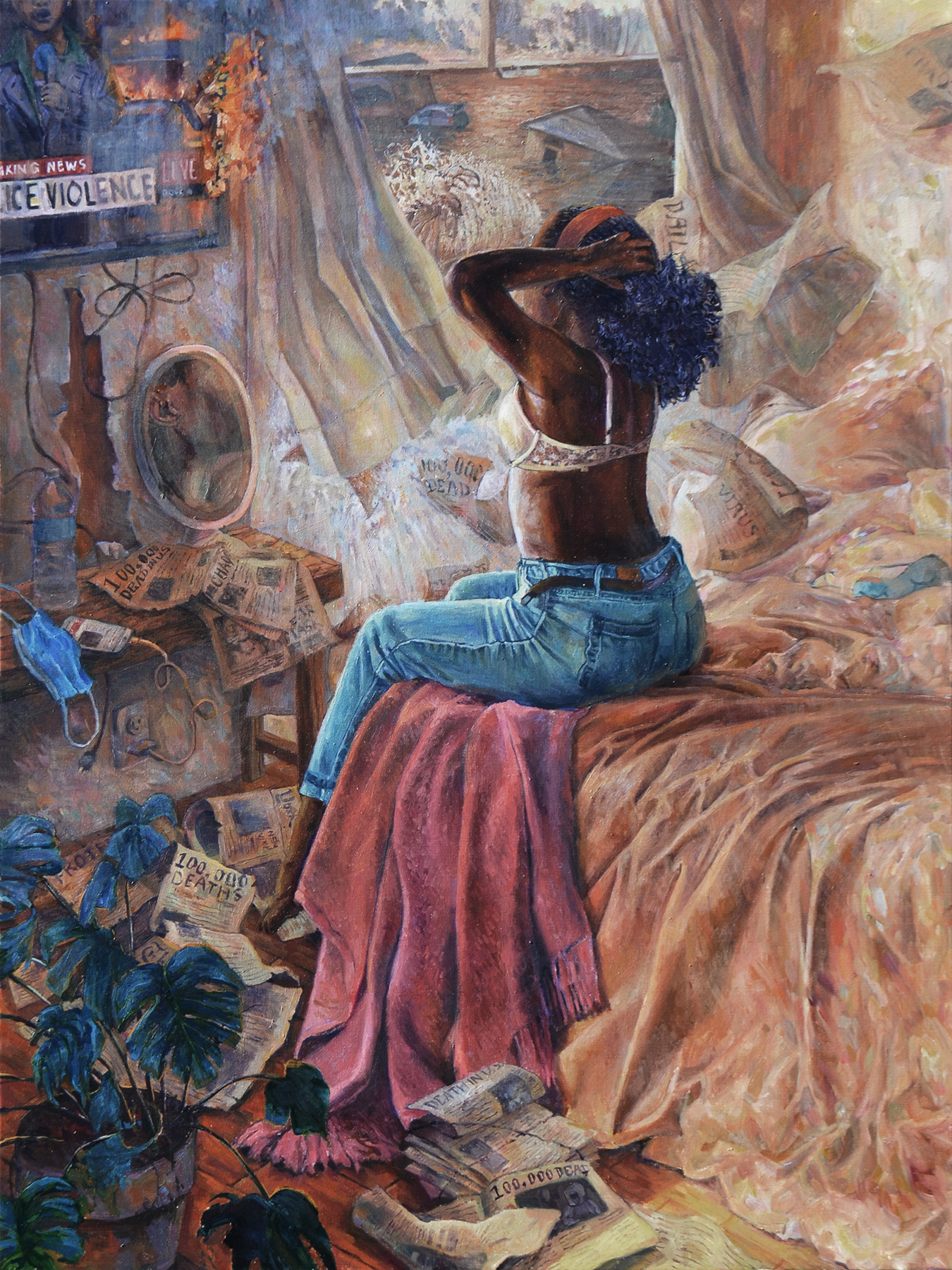 "Morning Routine" - This piece aims to capture the feeling of waking up these past few months. Newspapers fly in all directions, fire blazes from the TV, and water is surging in quickly. This particular girl feels overwhelmed by the chaotic scene. Wh