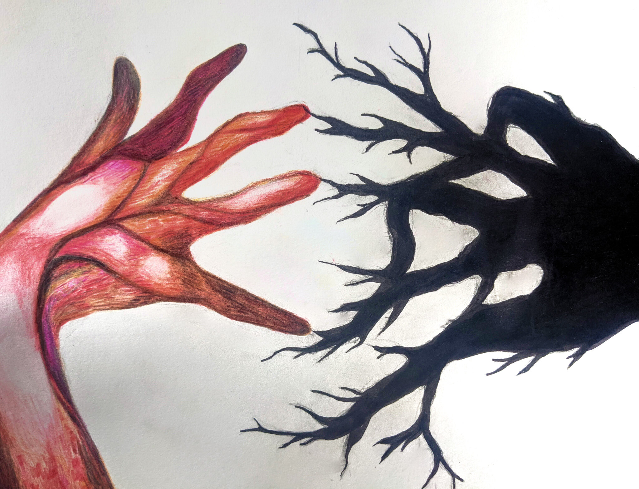“Grief & Wildfire” - (Colored pencil and ink on watercolor paper, 8” x 10”) - I created “Grief & Wildfire” in response to my personal climate narrative. Inspired by an asthma attack that I suffered a few years ago during a bad wildfire season, I deve