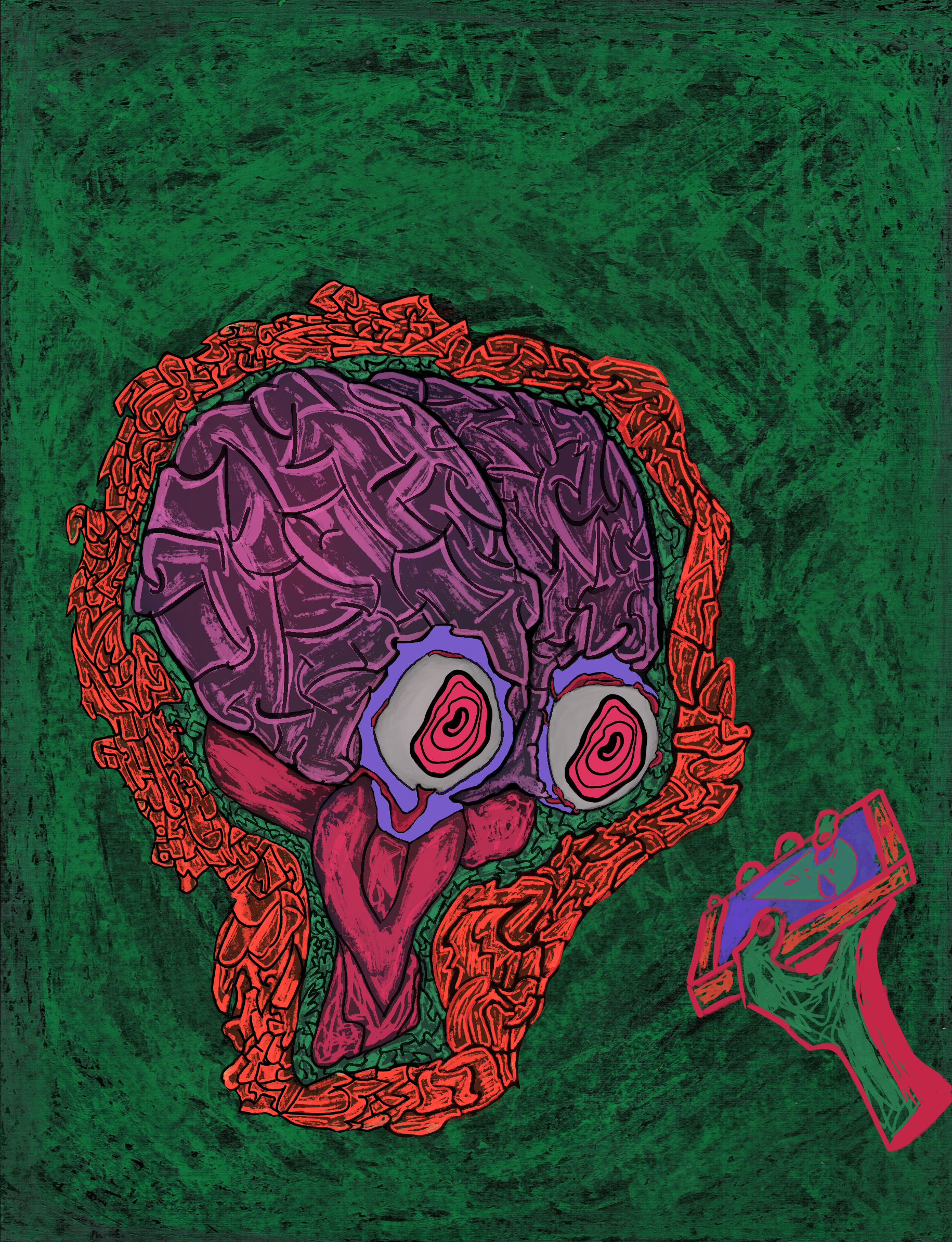 "Consumption" - (Digital & Paper pastel 6.9 × 9 inch) - is a representation of eco-anxiety and how seeing the news related to any climate crisis or event makes me feel this type of anxiety.