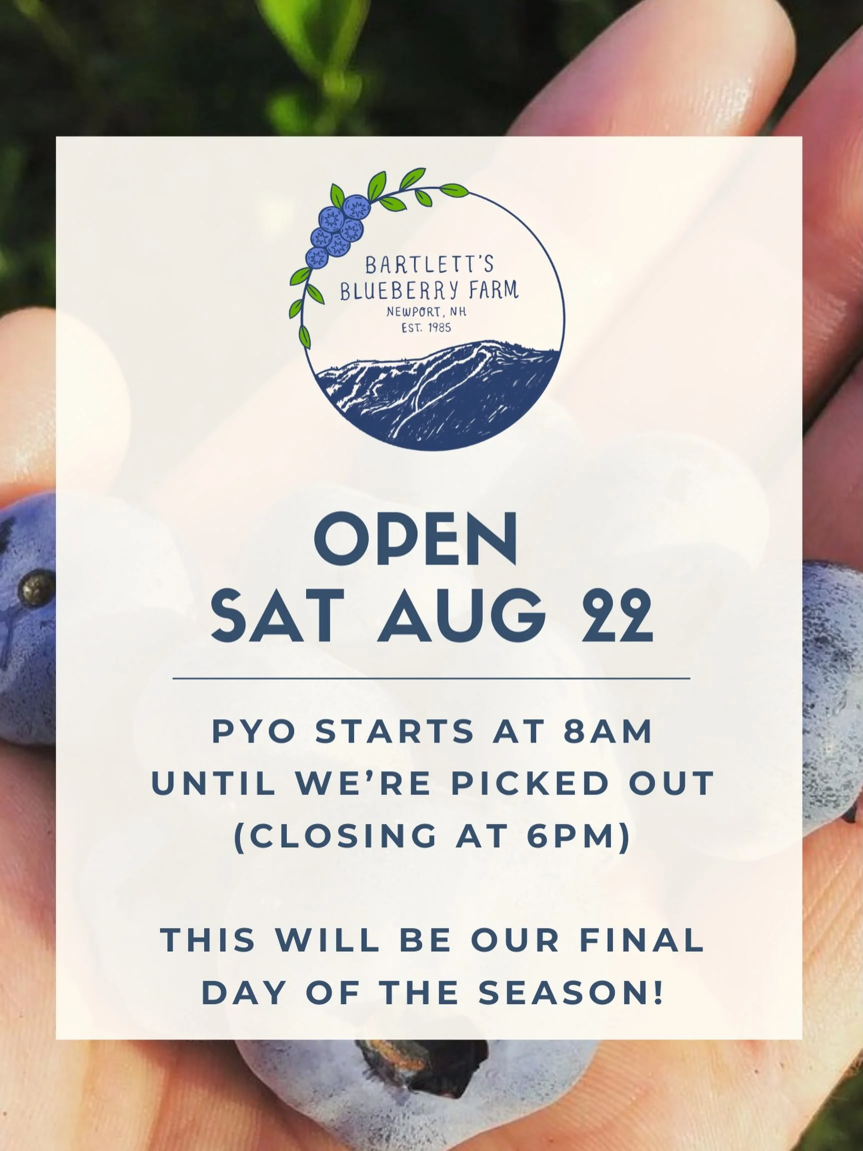 Saturday Aug 22 will be our final day of the 2026 season! Opening at 8am until we&rsquo;re picked out, hope to see you in the patch! 💙🫐💙