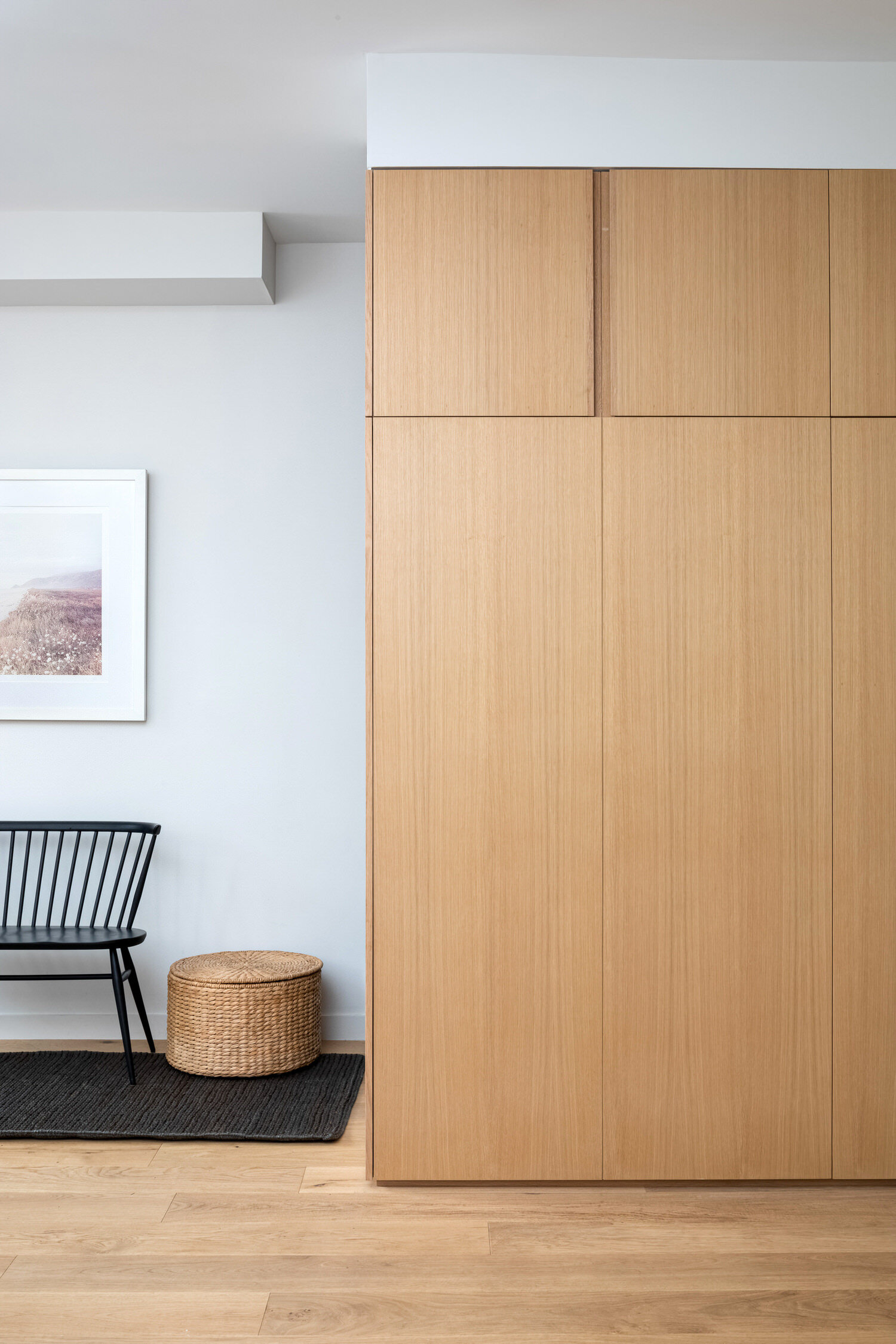 Brooklyn Brownstone renovation. Interior and architecture design New York and Connecticut. Rift white oak matched grain exposed beams, custom kitchen, cabinetry and wide plank white oak flooring.