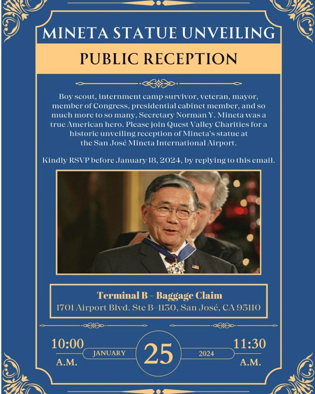 A statue dedication for the late Secretary Norman Mineta will be held at San Jose Mineta International Airport on January 25th. For those interested in attending the public ceremony please RSVP by January 18th at mineta-institute@sjsu.edu