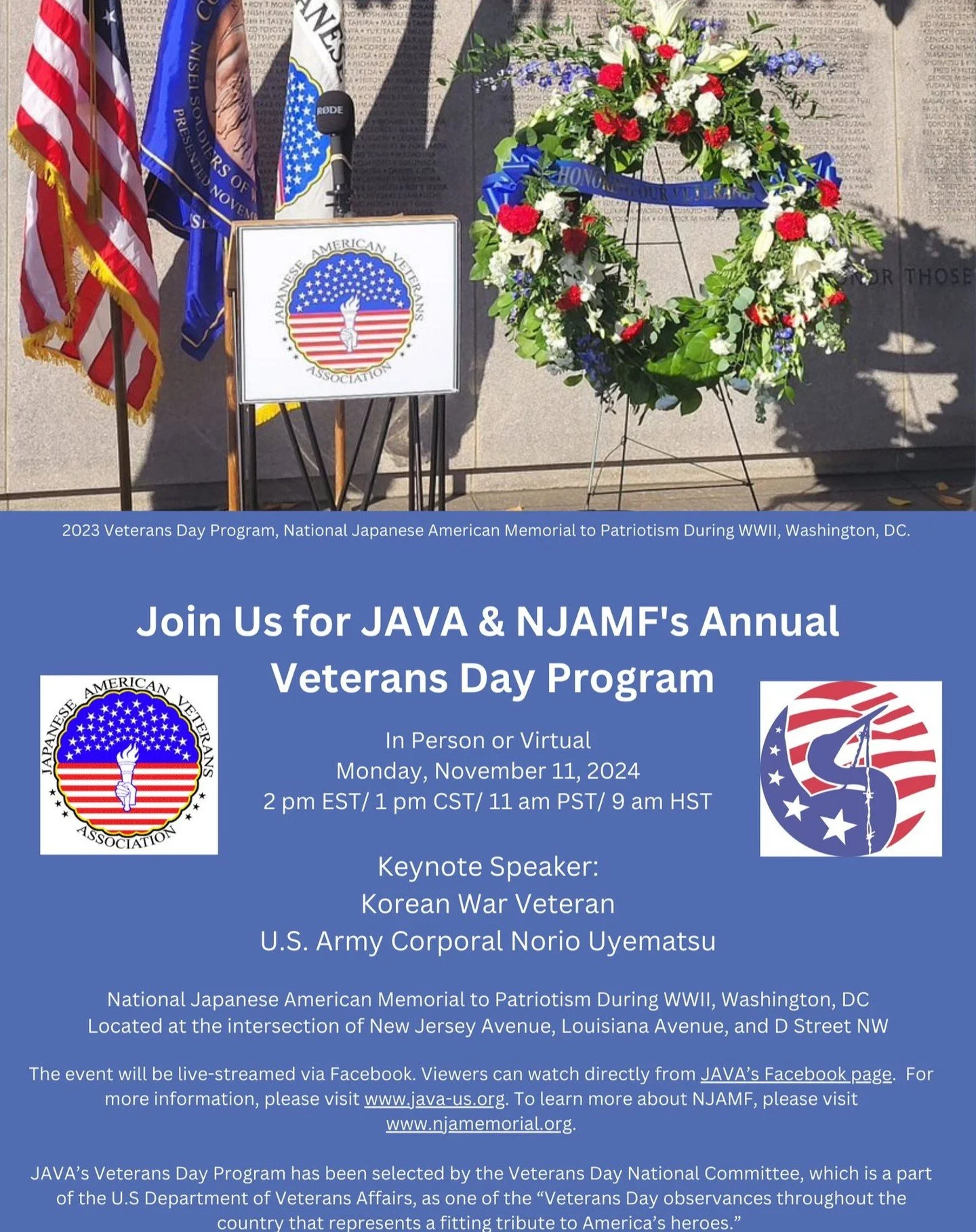 Join @java100442mis and @njamemorial on Monday for their annual Veteran's Day Program at the National Japanese American Memorial to Patriotism During WWII in Washington, D.C. For those not in the area, you can watch online via JAVA's FB page at the l
