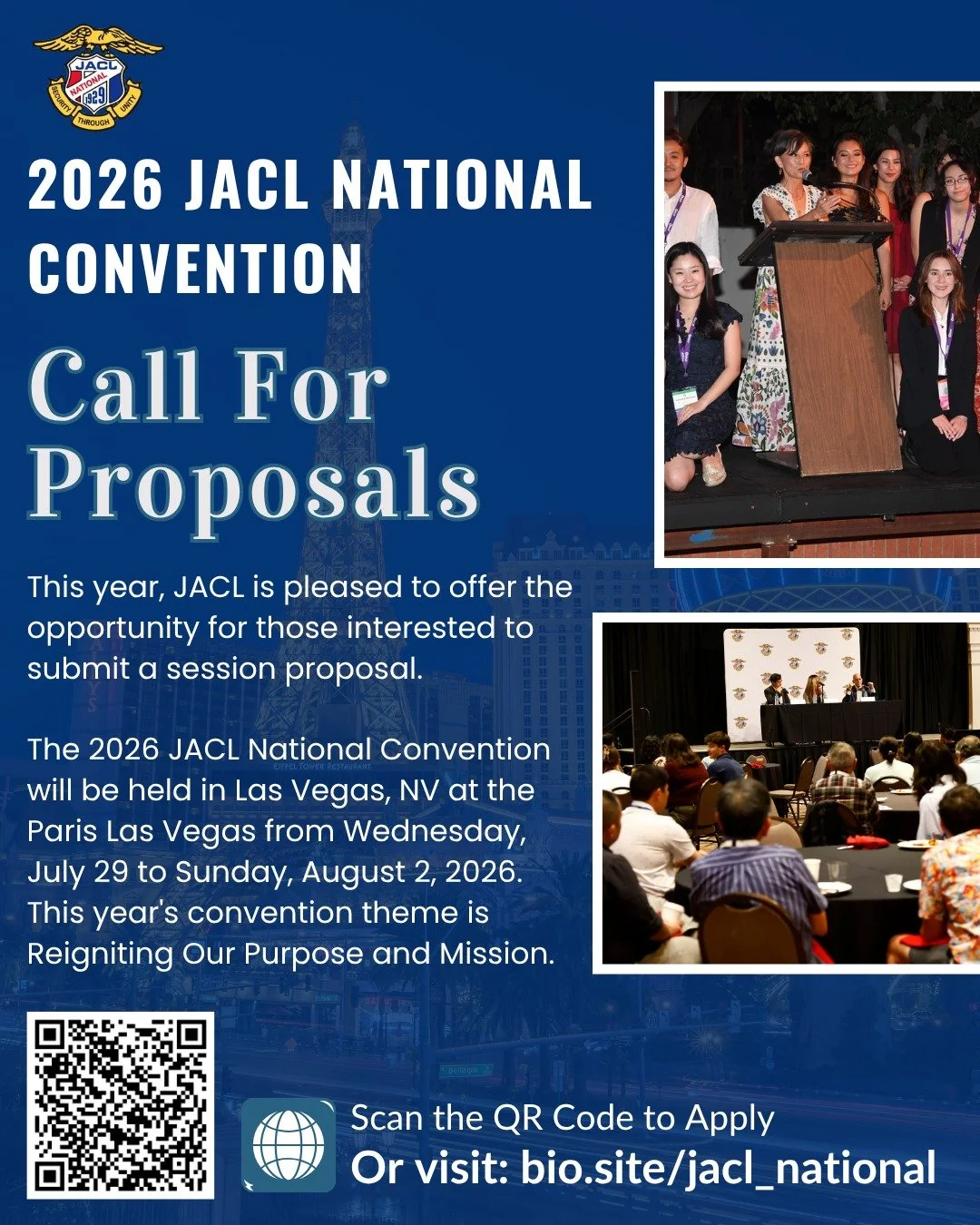 2026 JACL National Convention Call for Proposals!

This year, JACL is pleased to offer our members and friends the opportunity to submit proposals for workshop sessions.

For more information or to apply, please visit the link in bio!