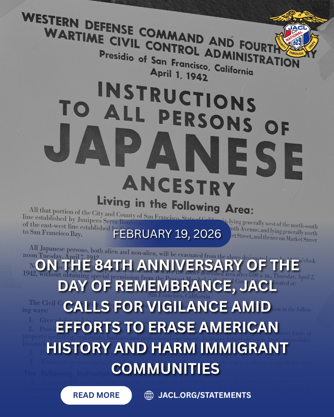 On The 84th Anniversary of the Day of Remembrance, JACL Calls for Vigilance Amid Efforts to Erase American History and Harm Immigrant Communities&nbsp;