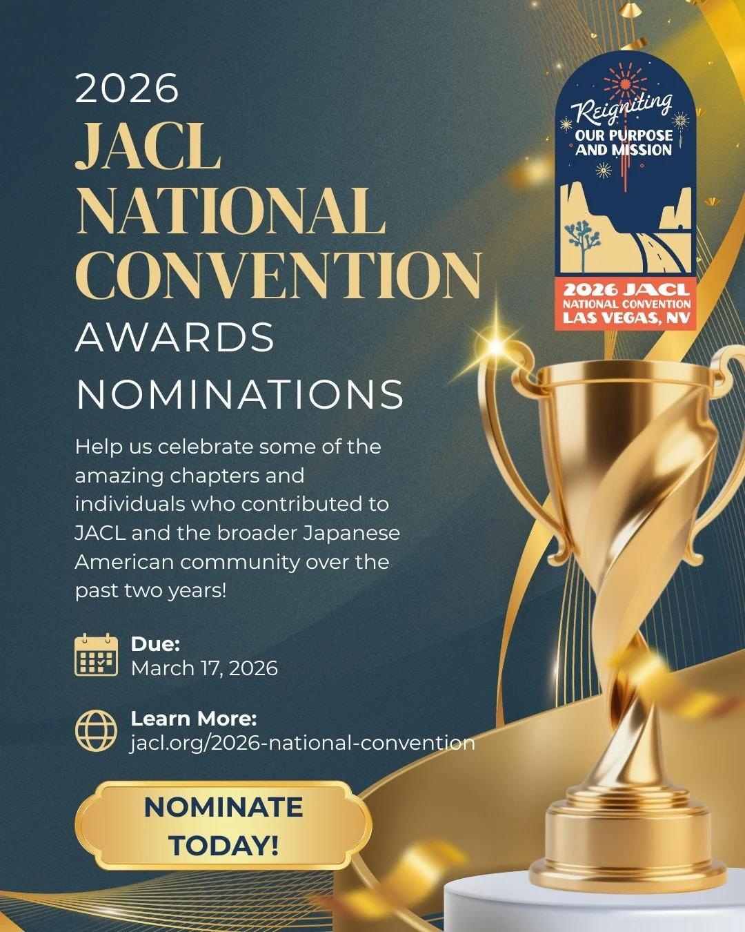 Join us in honoring our outstanding members, chapters, and community participants at this year's convention! 🏅 🏆️ 

We are currently accepting nominations for the 2026 JACL National Convention Awards! Discover the honors being presented this year a