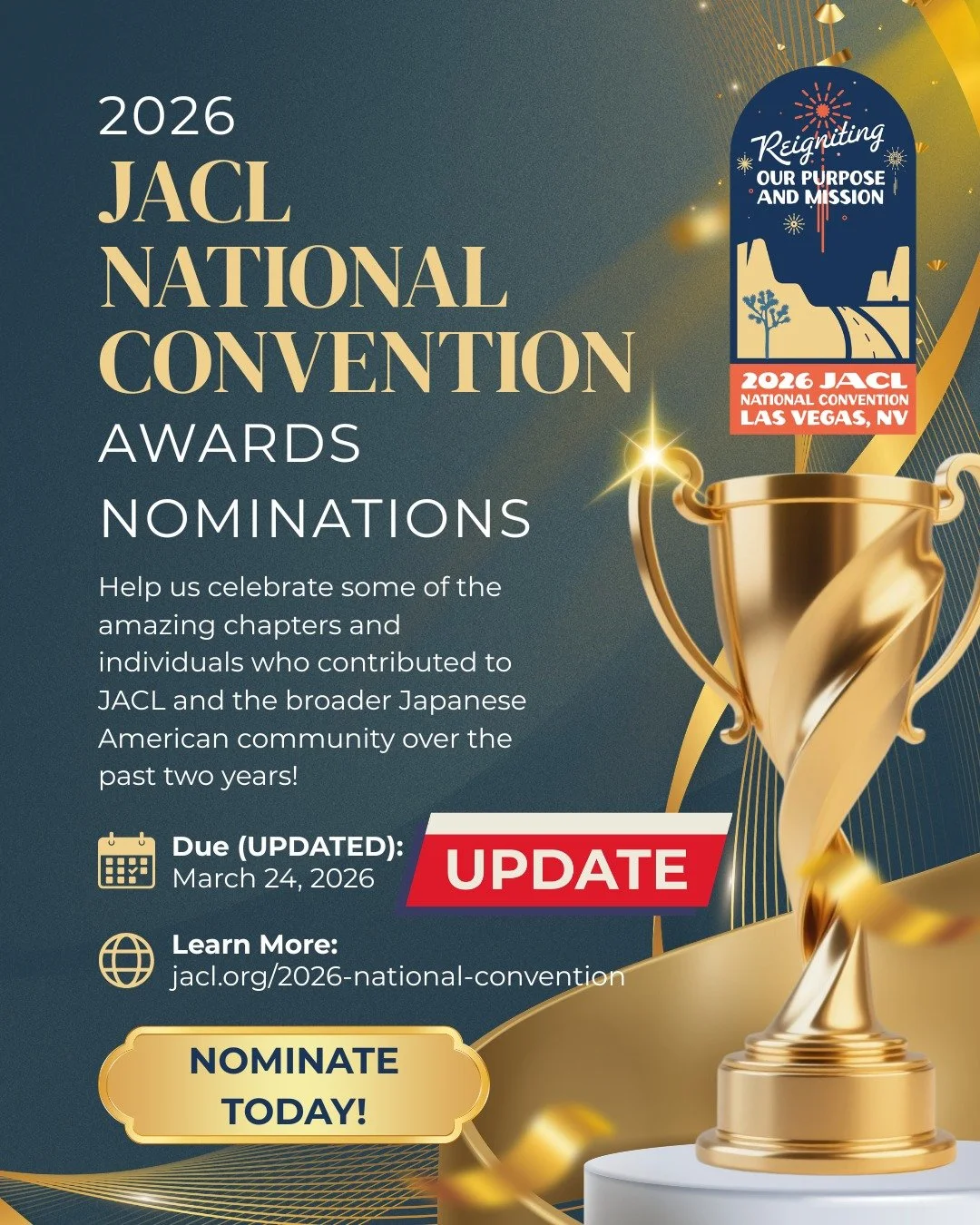 🚨 NEW DEADLINE ALERT!

Celebrate our exceptional members, chapters, and community heroes at convention! 🏅🏆

Submit your nominations for the 2026 National Convention Awards now by March 24, 2026! Click the "Logistics" tab, then "Appl
