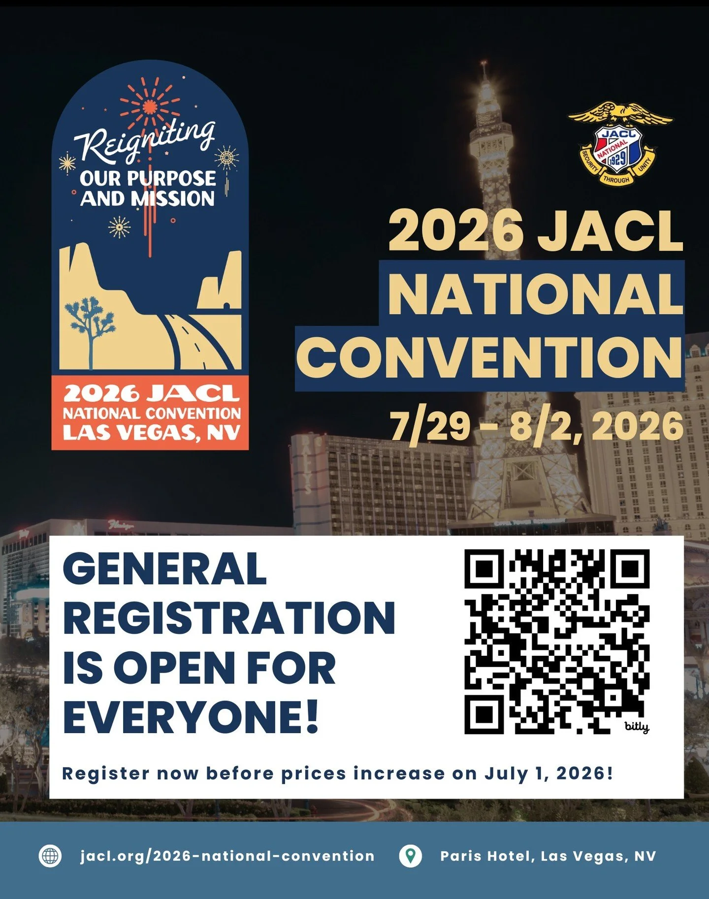 General Registration for the 2026 JACL National Convention is now available for everyone! Be sure to get your registration before prices increase on July 1. 

Register and check out the convention schedule at the link in bio.
