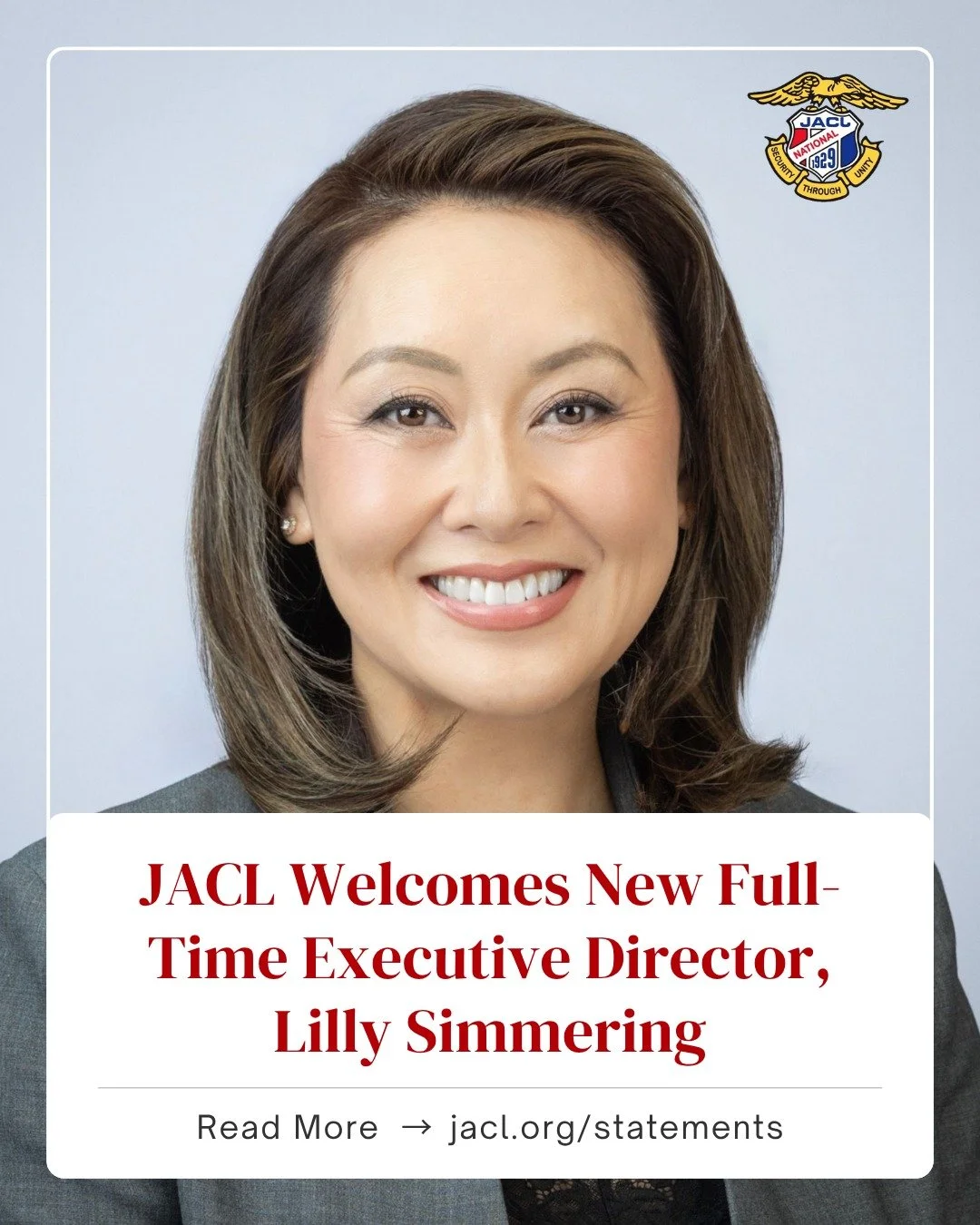 JACL is excited to announce our new Executive Director, Lilly Simmering! 

Lilly brings a wealth of knowledge, experience, and dedication to the organization, and we look forward to this next chapter in our history as we near our centennial birthday.