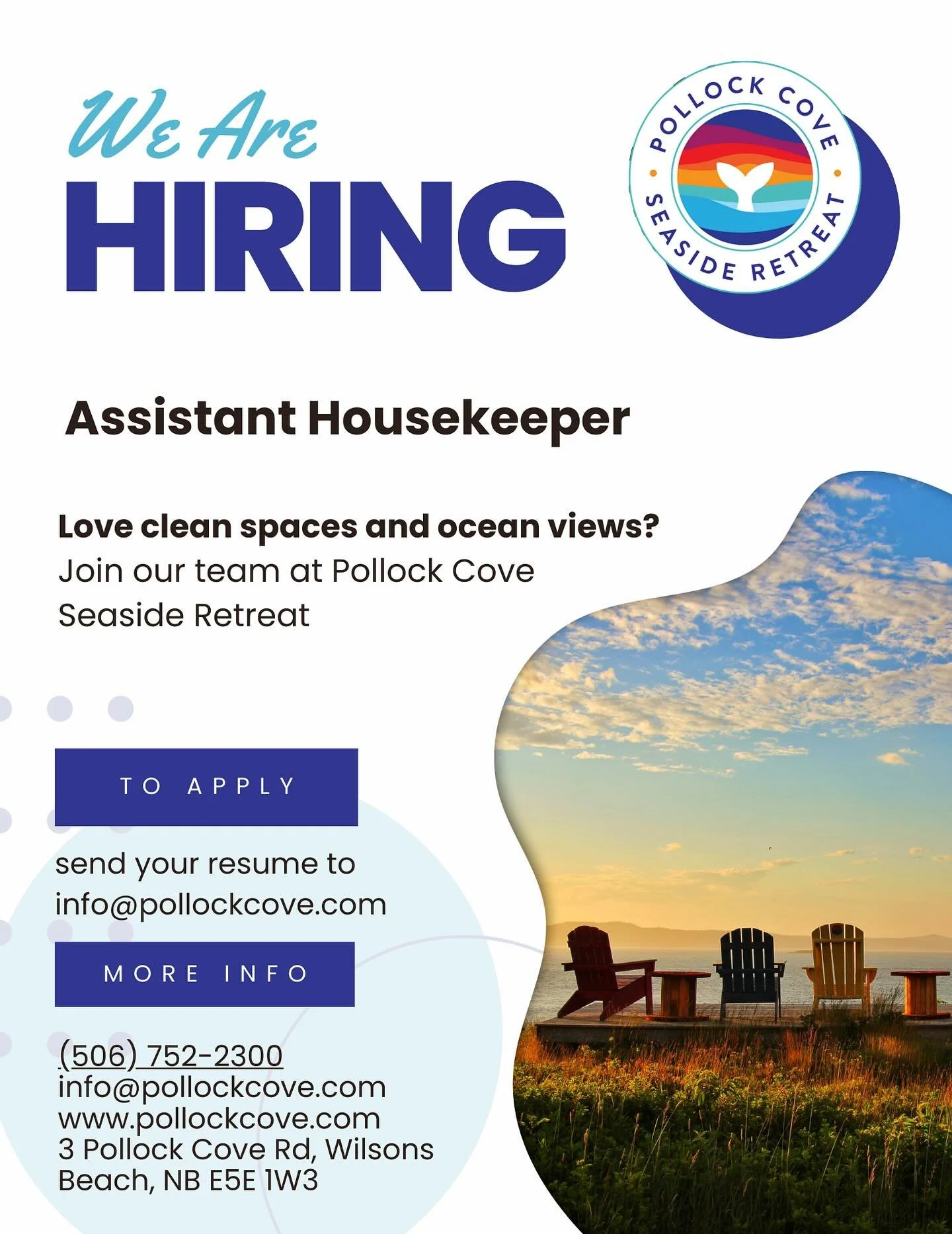 Pollock Cove is planning ahead for 2026. If you like working as part of a group and are interested in learning more about working  May 1 - October 31, 2026 message us directly on IG or email us at info@pollockcove.com.