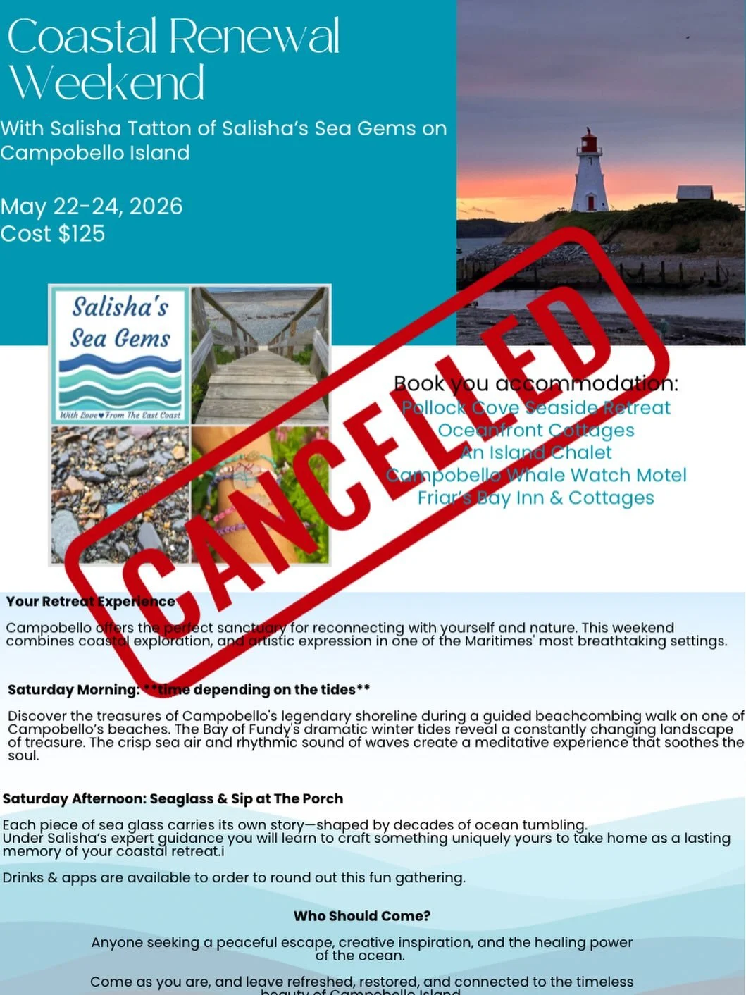 Due to lack of registration the beachcombing and seaglass workshop have been cancelled for May 23.