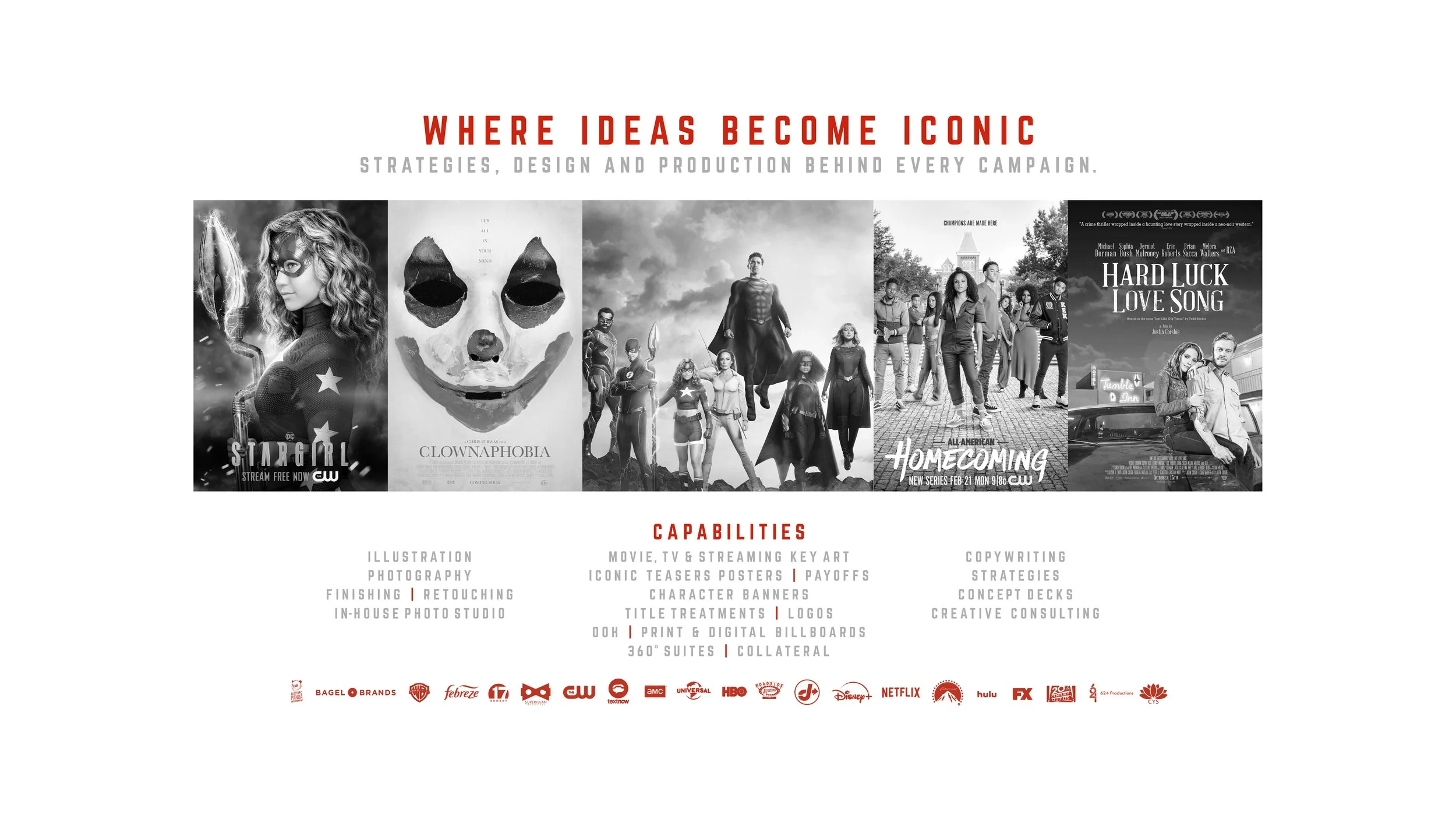 A promotional image showcasing various TV show posters in black and white, including 'Stargirl', 'Clownaphobia', 'Superhero', 'Homecoming', and 'Hard Luck Love Song'.